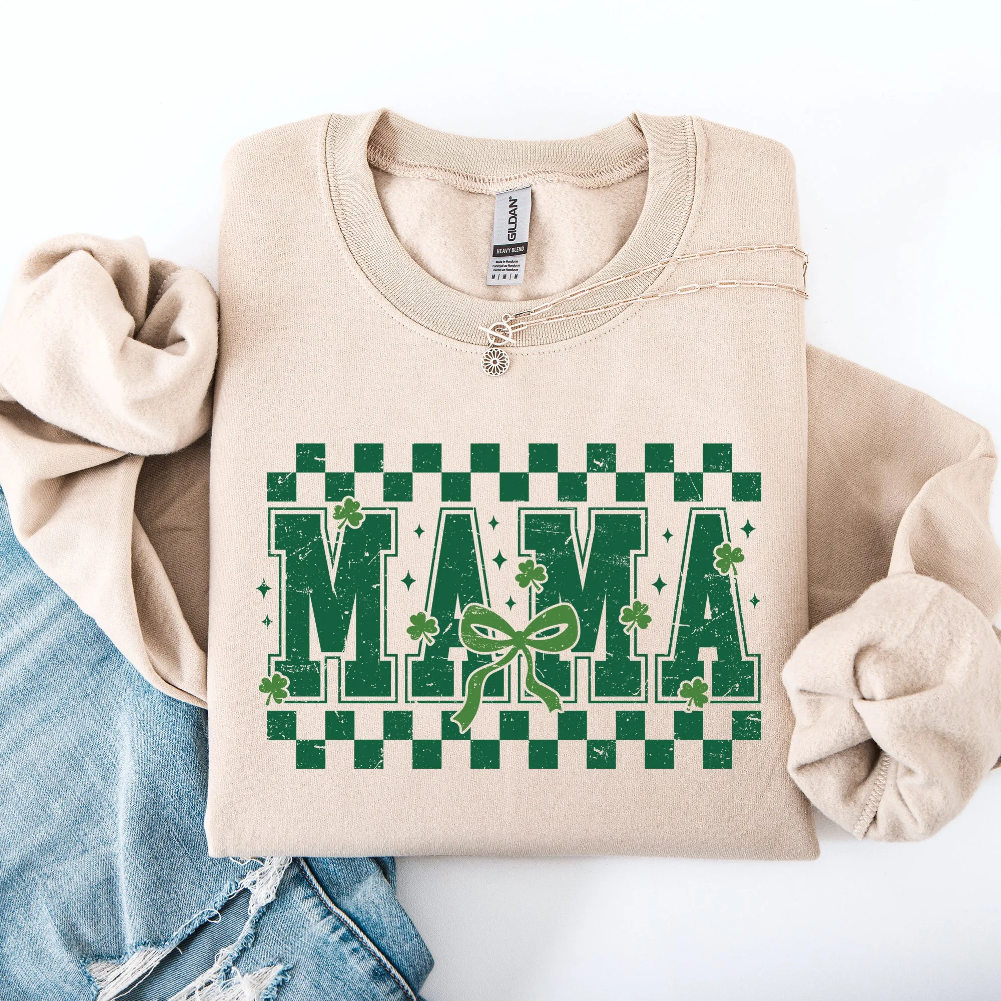 Mama, Checkered, Bow, Ribbon, St Patrick's Day, Shamrock, Clover, Lucky, Leprechaun Sweatshirt sold by Refinery Number One product image thumbnail 2