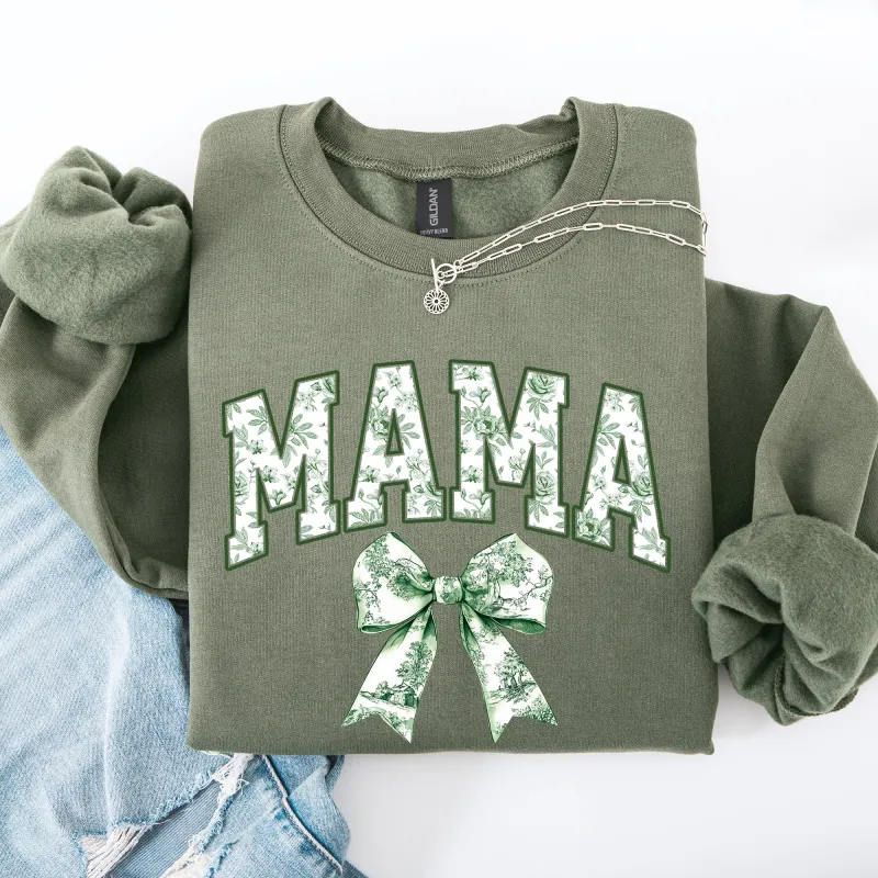 Mama, Chinoiserie, Coquette, Bow, Ribbon, St Patrick's Day, Shamrock, Clover, Lucky, Leprechaun Sweatshirt sold by Refinery Number One