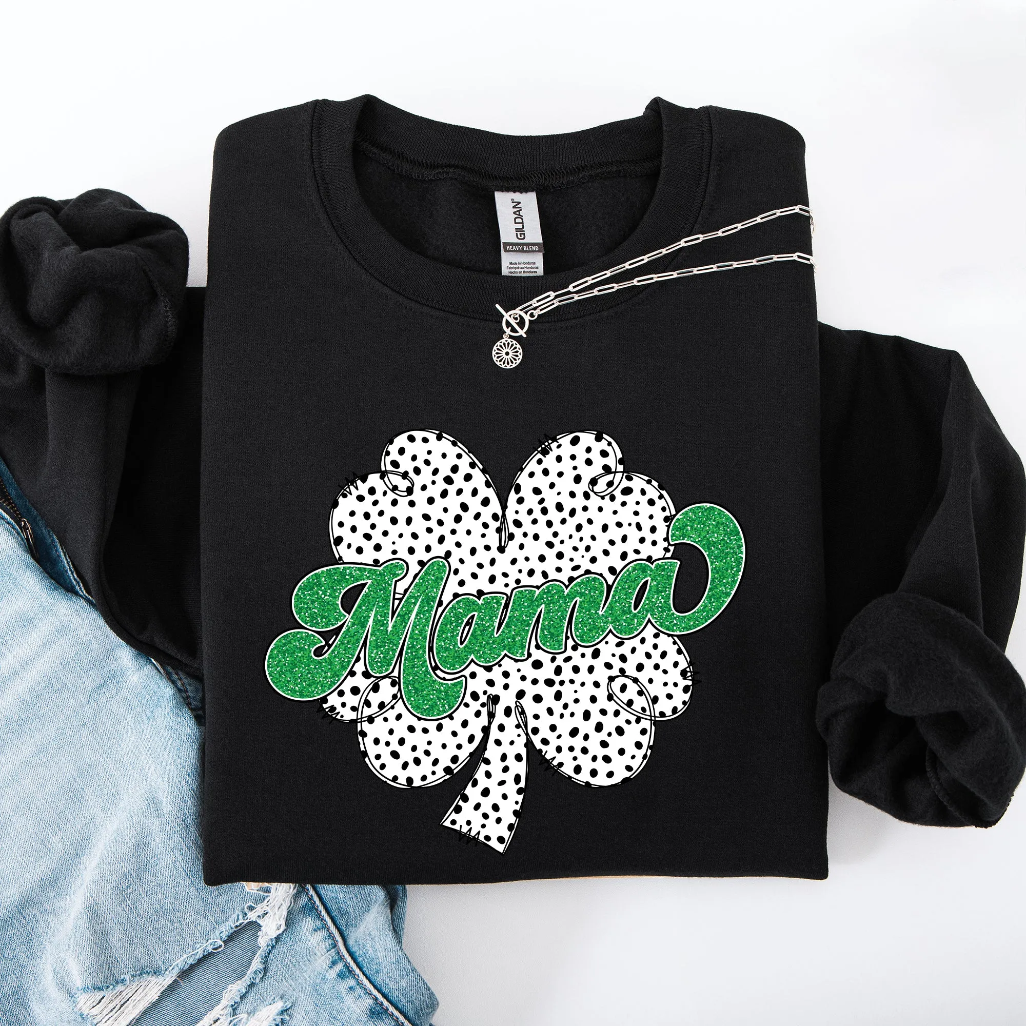 Mama, Dalmatian Print, St Patrick's Day, Shamrock, Clover, Lucky, Leprechaun Sweatshirt sold by Refinery Number One product image thumbnail 3