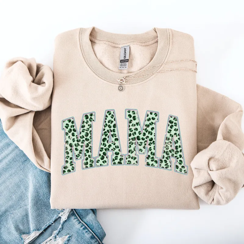 Mama, Leopard Print, Collegiate, Varsity, St Patrick's Day, Shamrock, Clover, Lucky, Leprechaun Sweatshirt sold by Refinery Number One