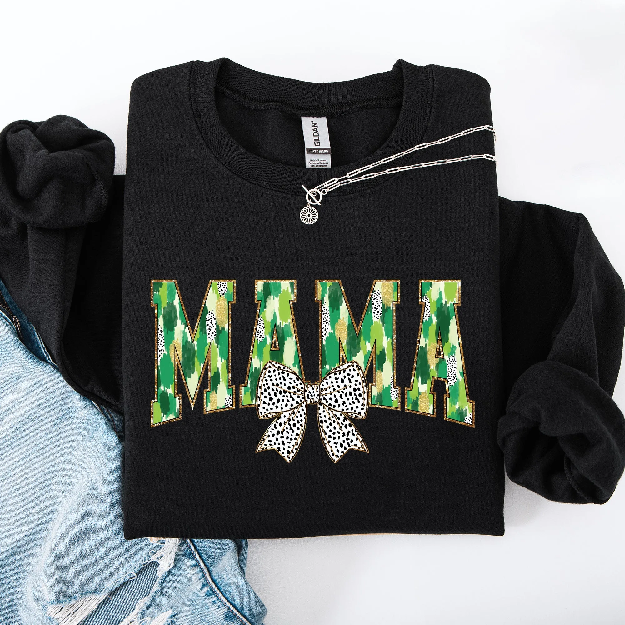 Mama, Painted, Dalmatian Bow, St Patrick's Day, Shamrock, Clover, Lucky, Leprechaun Sweatshirt sold by Refinery Number One product image thumbnail 4