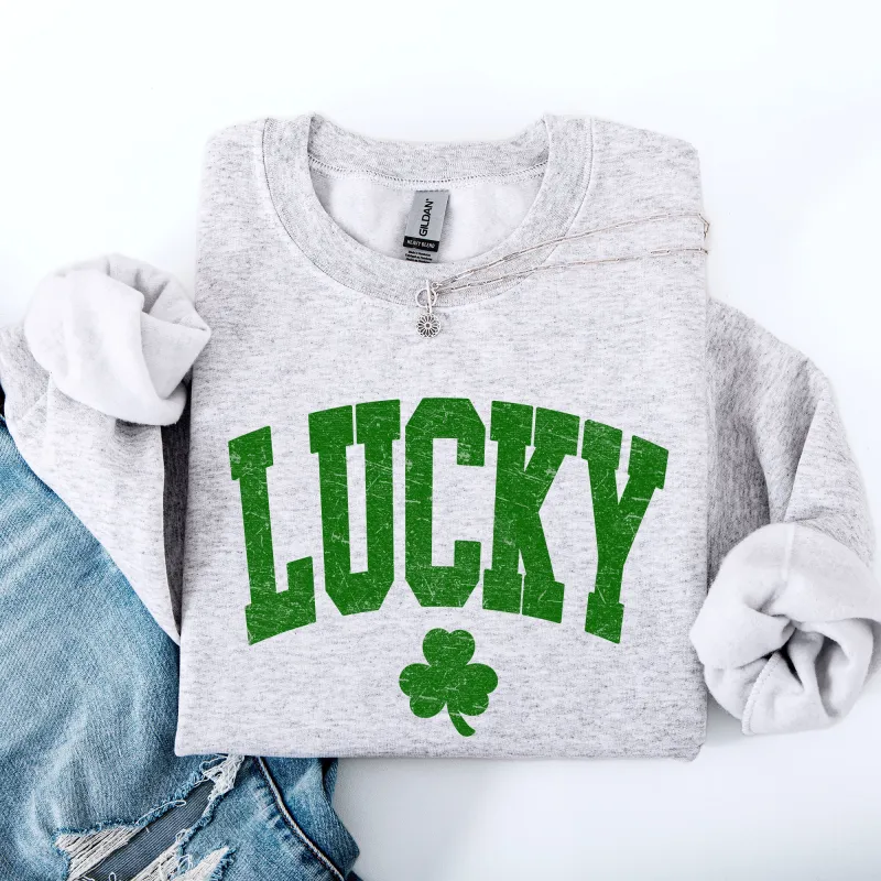 Vintage Lucky, Collegiate, Varsity, St Patrick's Day, Shamrock, Clover, Lucky, Leprechaun Sweatshirt sold by Refinery Number One