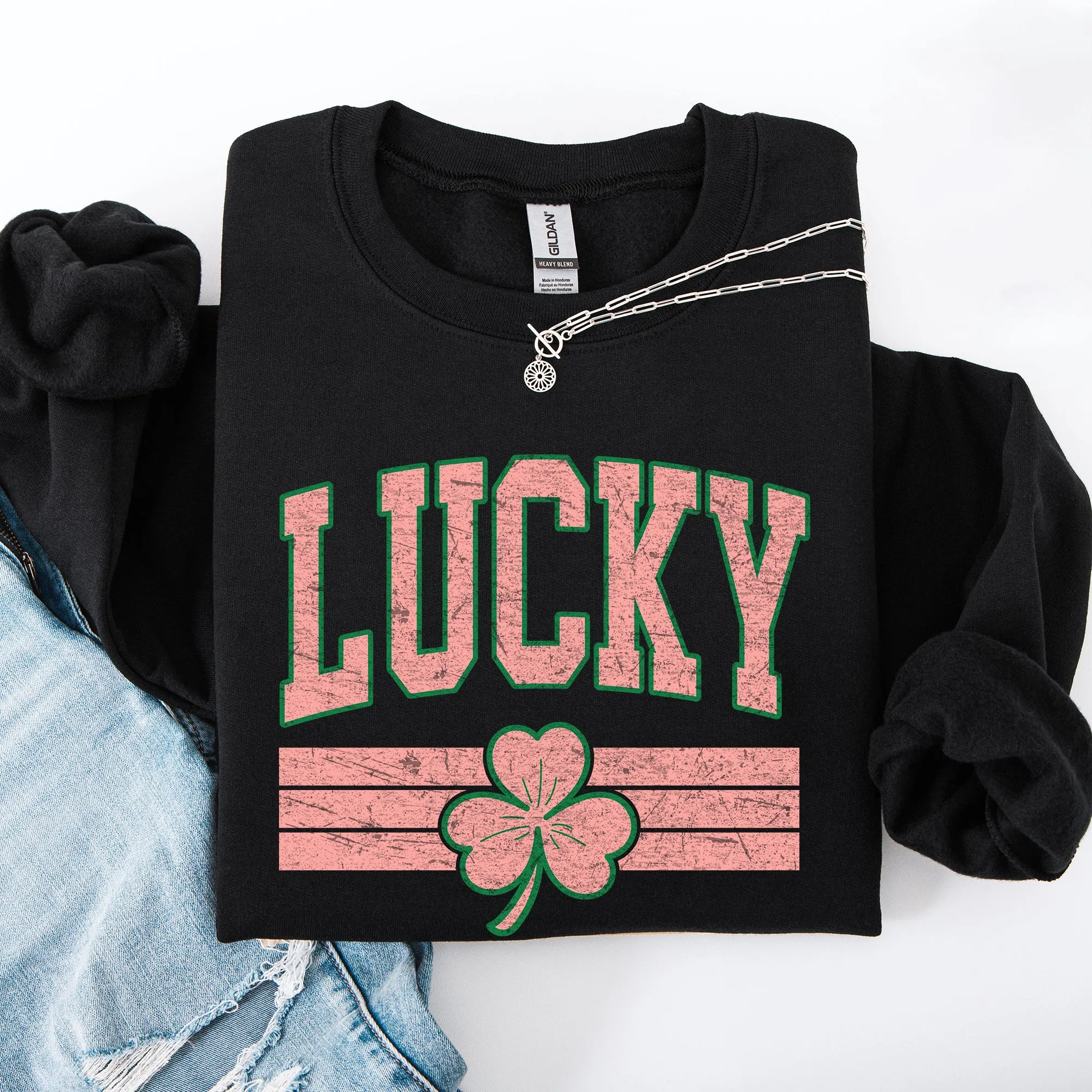 Vintage Lucky, Collegiate, Varsity, Stripes, St Patrick's Day, Shamrock, Clover, Lucky, Leprechaun Sweatshirt sold by Refinery Number One product image thumbnail 5