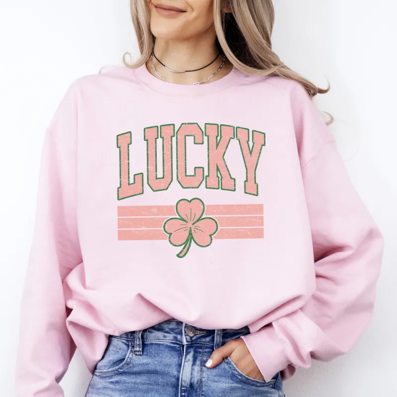 Vintage Lucky, Collegiate, Varsity, Stripes, St Patrick's Day, Shamrock, Clover, Lucky, Leprechaun Sweatshirt sold by Refinery Number One