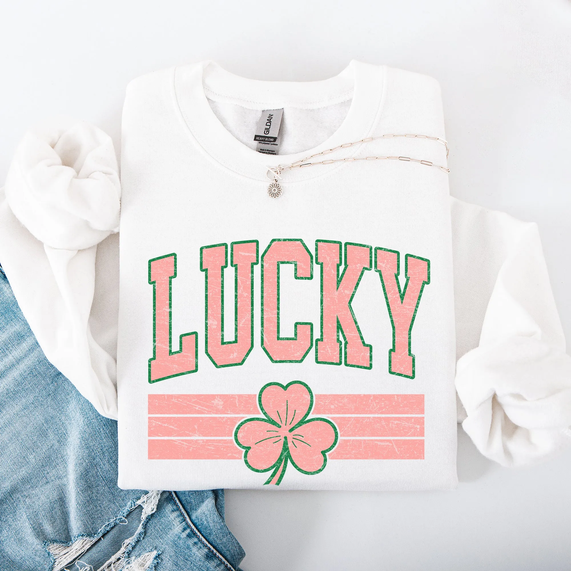 Vintage Lucky, Collegiate, Varsity, Stripes, St Patrick's Day, Shamrock, Clover, Lucky, Leprechaun Sweatshirt sold by Refinery Number One product image thumbnail 4