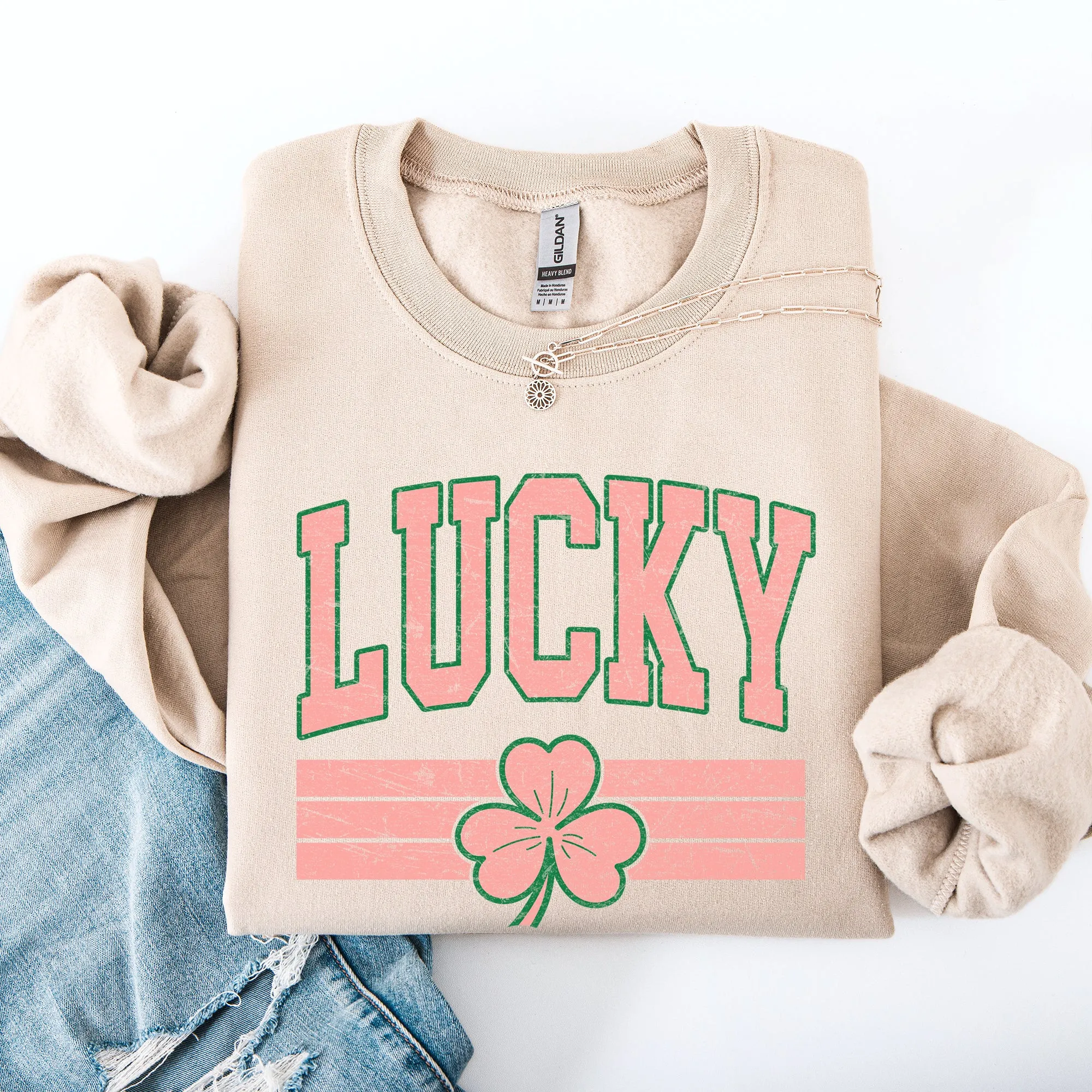 Vintage Lucky, Collegiate, Varsity, Stripes, St Patrick's Day, Shamrock, Clover, Lucky, Leprechaun Sweatshirt sold by Refinery Number One product image thumbnail 3