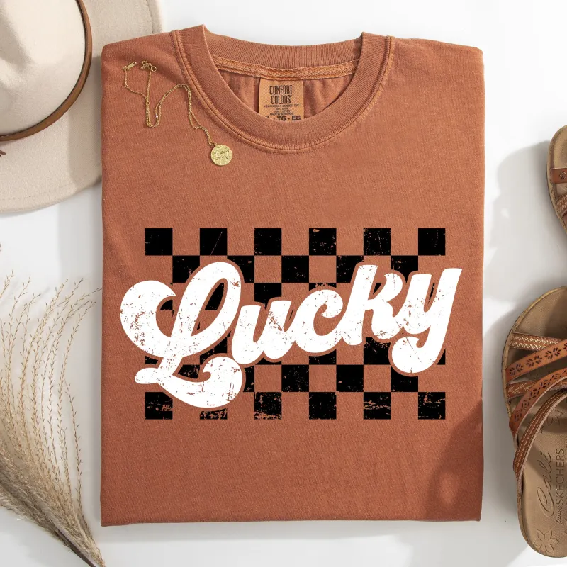 Checkered, Lucky, Retro, Vintage, St Patrick's Day, Shamrock, Clover, Lucky, Leprechaun Tshirt Comfort Colors T-Shirt sold by Refinery Number One