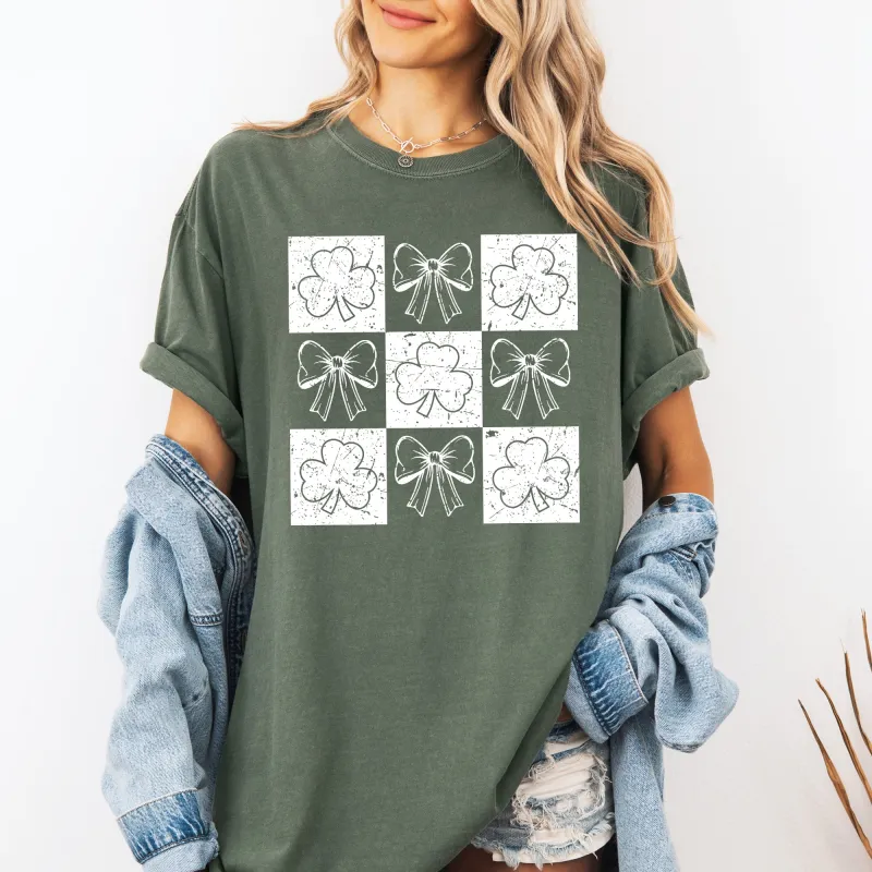 Checkered, Retro, Ribbon, Bows, St Patrick's Day, Shamrock, Clover, Lucky, Leprechaun Tshirt Comfort Colors T-Shirt sold by Refinery Number One