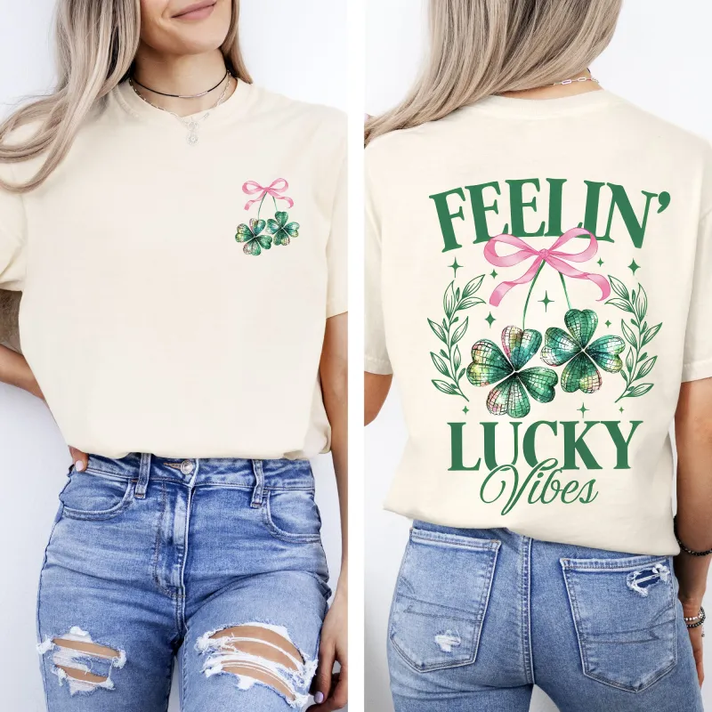 Feelin Lucky Vibes, Coquette, St Patrick's Day, Shamrock, Clover, Lucky, Leprechaun Tshirt Comfort Colors T-Shirt sold by Refinery Number One