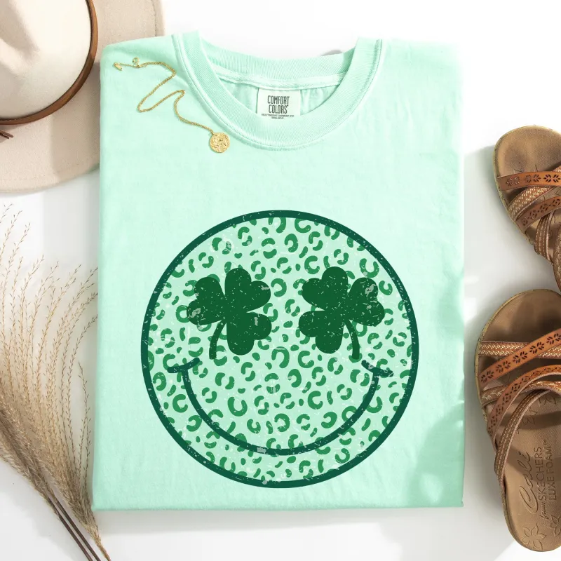 Leopard Print Smiley, Retro, St Patrick's Day, Shamrock, Clover, Lucky, Leprechaun Tshirt Comfort Colors T-Shirt sold by Refinery Number One