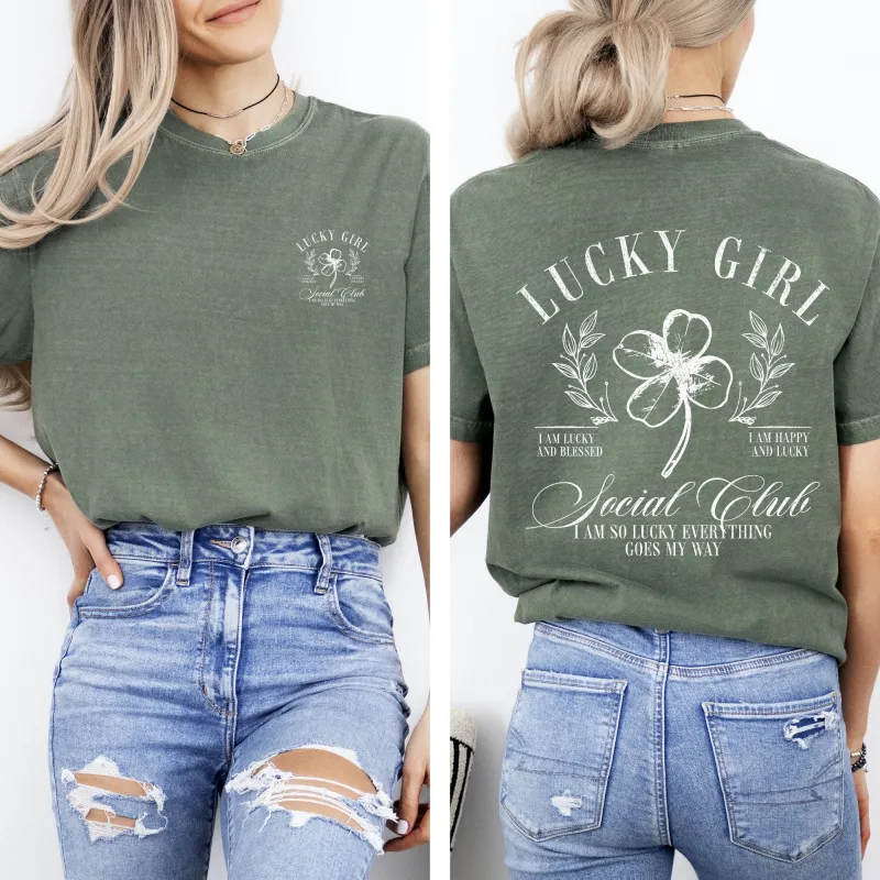 Lucky Girl Social Club, St Patrick's Day, Shamrock, Clover, Lucky, Leprechaun Tshirt Comfort Colors T-Shirt sold by Refinery Number One