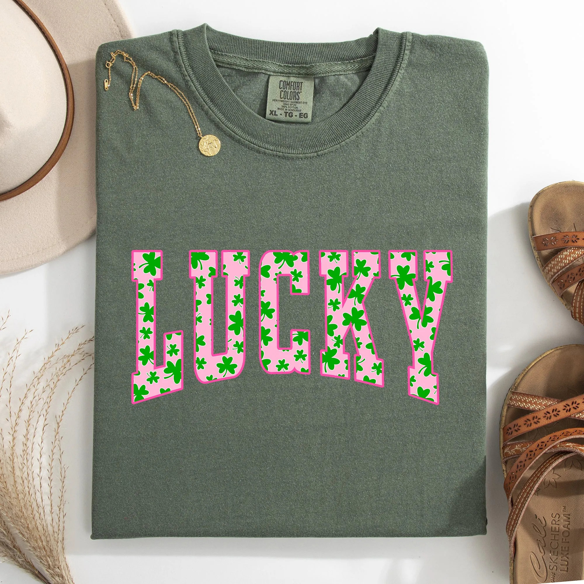Lucky, Collegiate, Varsity, Vintage, St Patrick's Day, Shamrock, Clover, Lucky, Leprechaun Tshirt Comfort Colors T-Shirt sold by Refinery Number One product image thumbnail 4