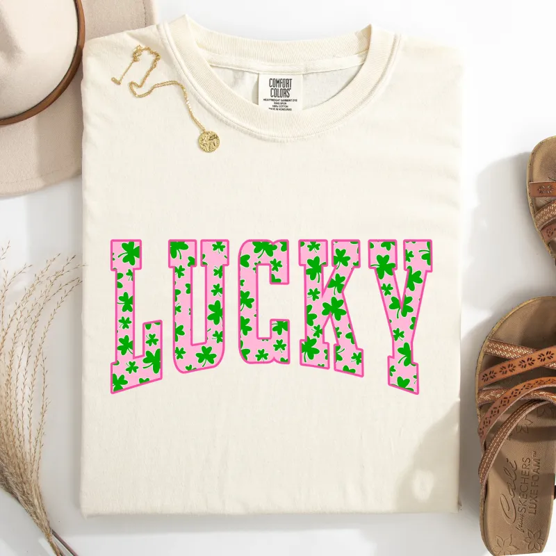 Lucky, Collegiate, Varsity, Vintage, St Patrick's Day, Shamrock, Clover, Lucky, Leprechaun Tshirt Comfort Colors T-Shirt sold by Refinery Number One