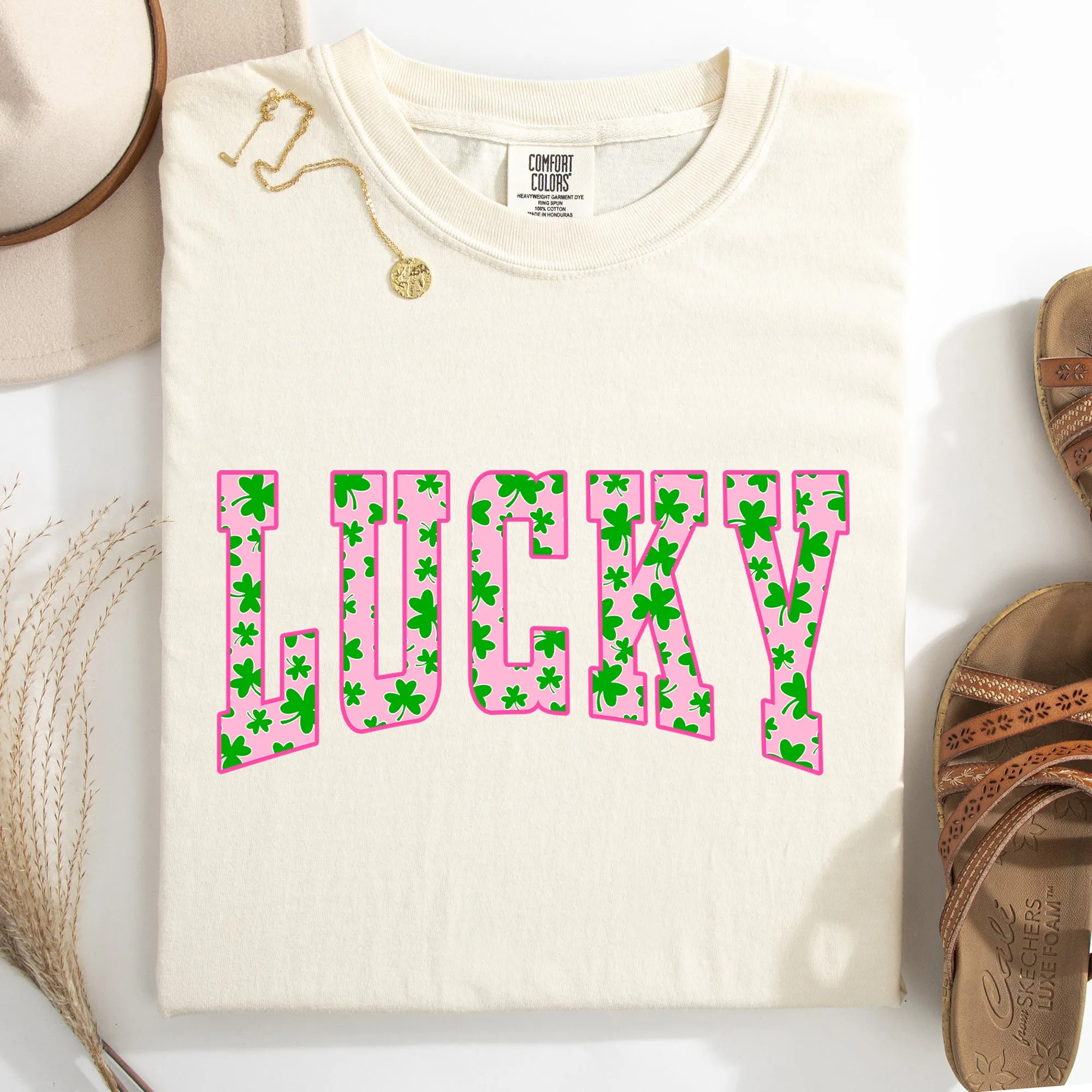 Lucky, Collegiate, Varsity, Vintage, St Patrick's Day, Shamrock, Clover, Lucky, Leprechaun Tshirt Comfort Colors T-Shirt sold by Refinery Number One