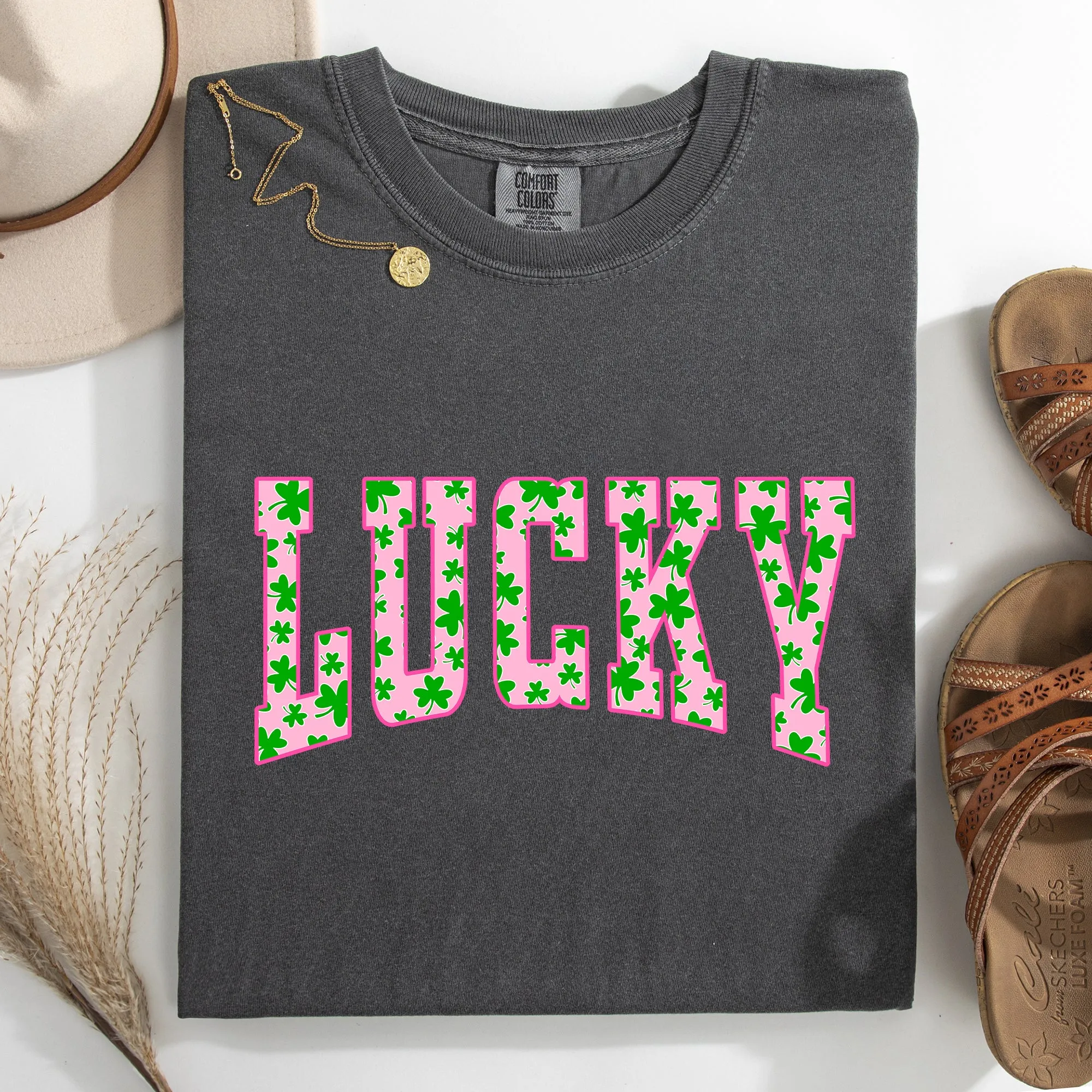 Lucky, Collegiate, Varsity, Vintage, St Patrick's Day, Shamrock, Clover, Lucky, Leprechaun Tshirt Comfort Colors T-Shirt sold by Refinery Number One product image thumbnail 3