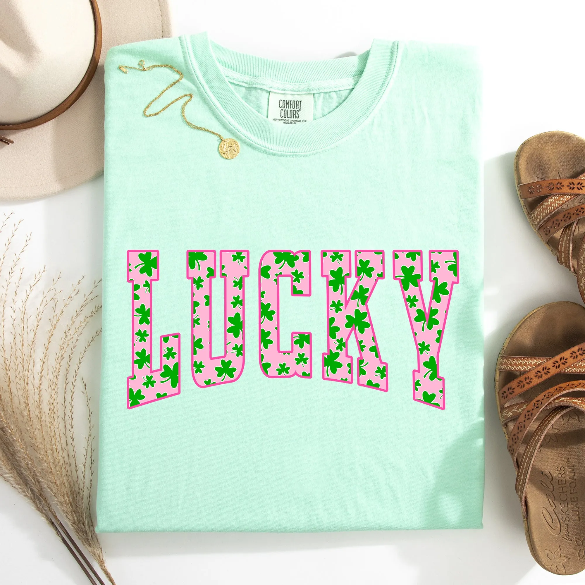 Lucky, Collegiate, Varsity, Vintage, St Patrick's Day, Shamrock, Clover, Lucky, Leprechaun Tshirt Comfort Colors T-Shirt sold by Refinery Number One product image thumbnail 2