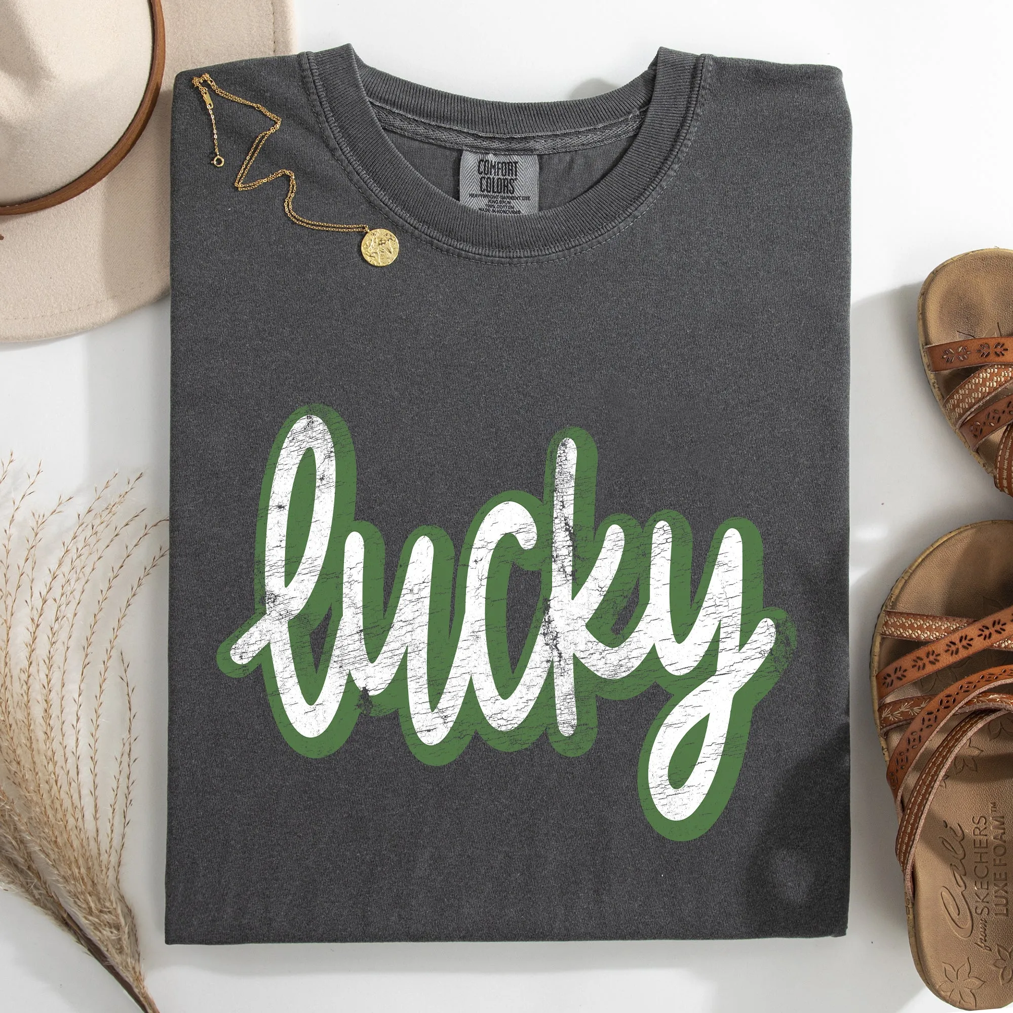 Lucky, Cursive, Vintage, St Patrick's Day, Shamrock, Clover, Lucky, Leprechaun Tshirt Comfort Colors T-Shirt sold by Refinery Number One product image thumbnail 5