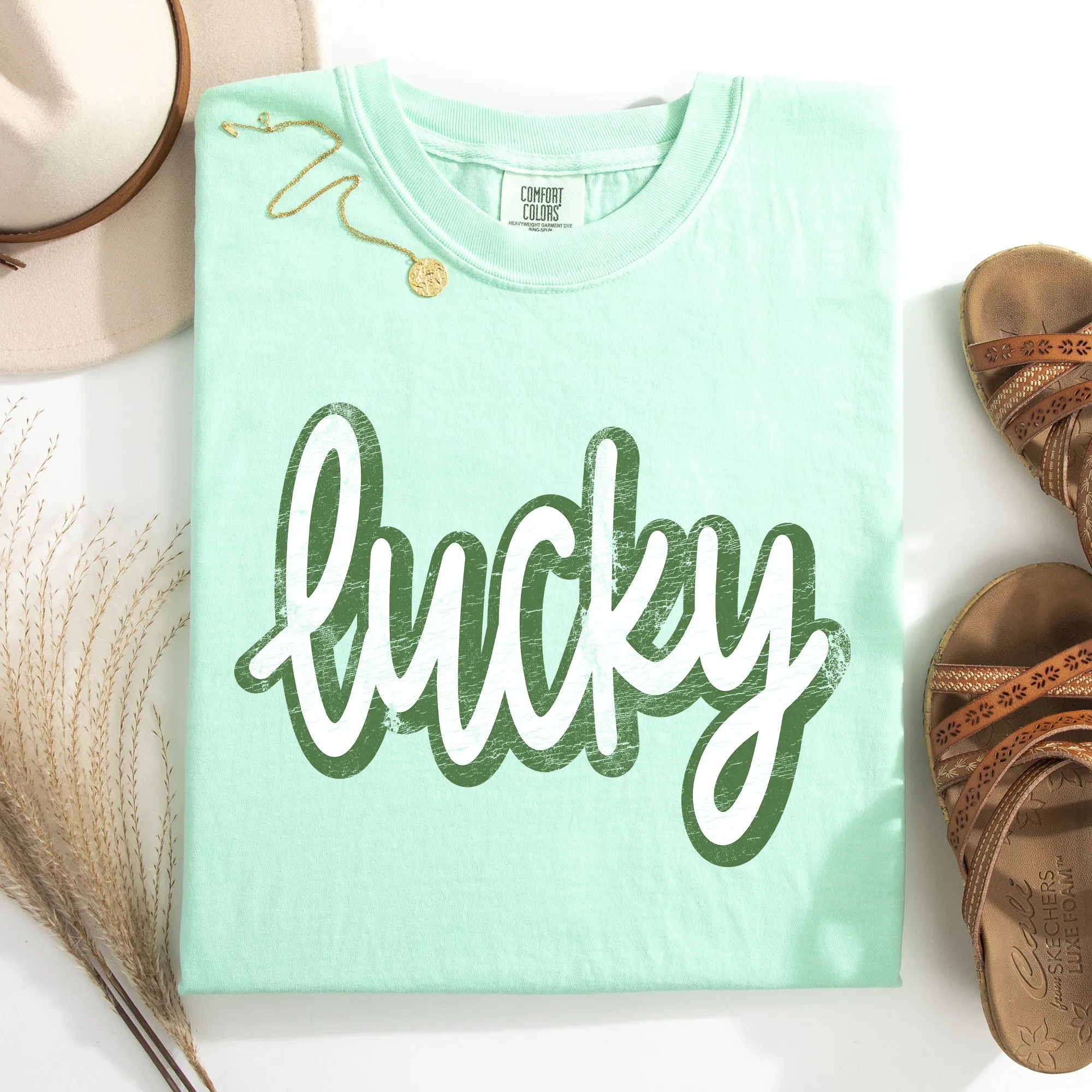 Lucky, Cursive, Vintage, St Patrick's Day, Shamrock, Clover, Lucky, Leprechaun Tshirt Comfort Colors T-Shirt sold by Refinery Number One