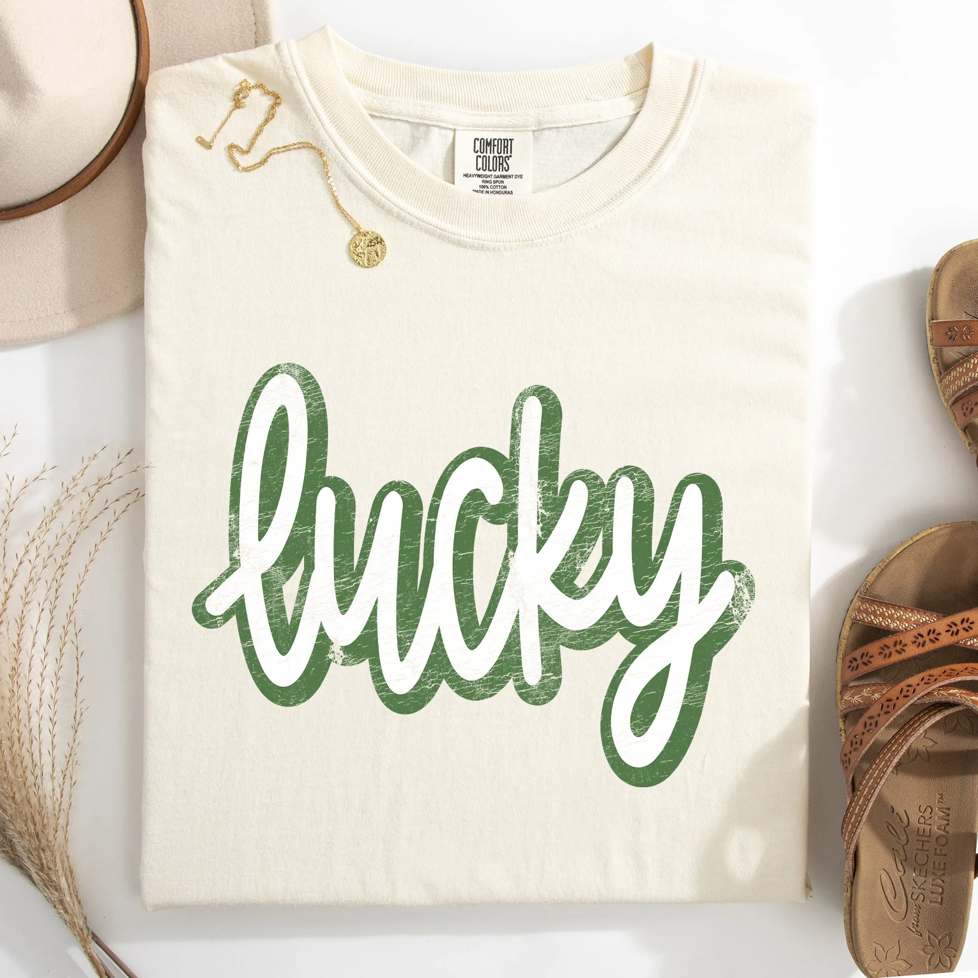 Lucky, Cursive, Vintage, St Patrick's Day, Shamrock, Clover, Lucky, Leprechaun Tshirt Comfort Colors T-Shirt sold by Refinery Number One product image thumbnail 2