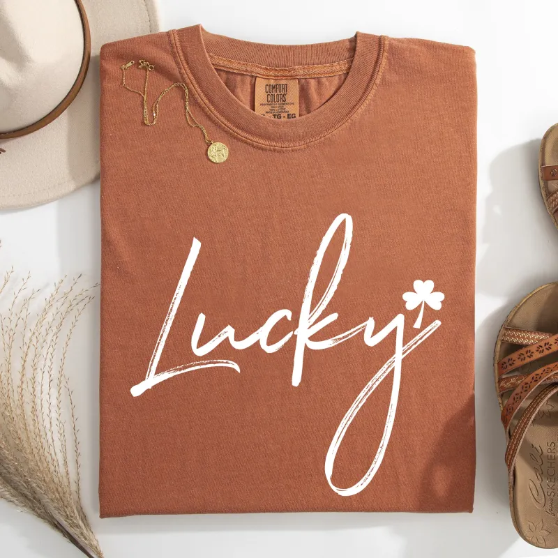 Lucky, Minimalist copy, St Patrick's Day, Shamrock, Clover, Lucky, Leprechaun Tshirt Comfort Colors T-Shirt sold by Refinery Number One