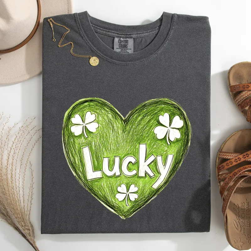 Lucky, Sketched Heart, St Patrick's Day, Shamrock, Clover, Lucky, Leprechaun Tshirt Comfort Colors T-Shirt sold by Refinery Number One