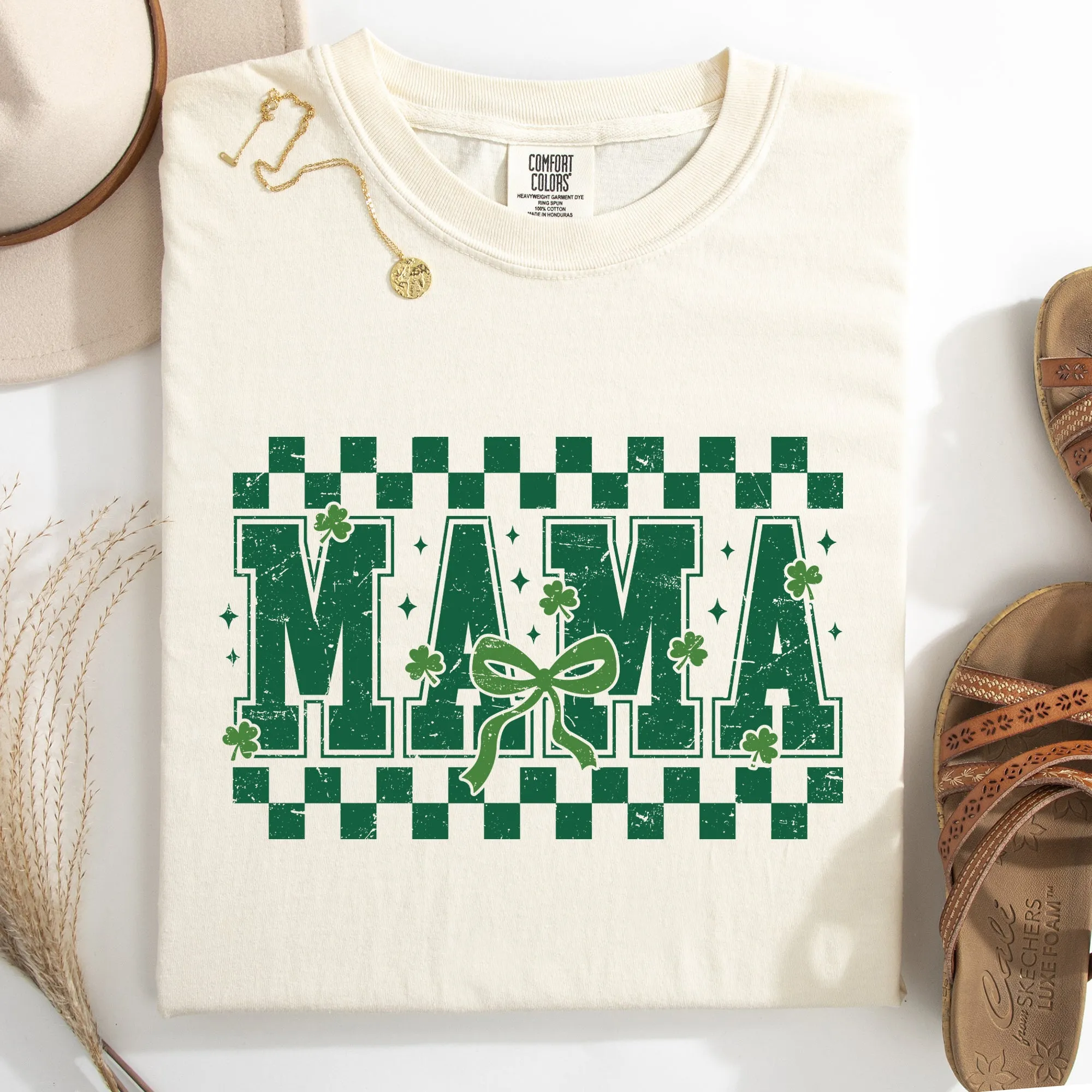 Mama, Checkered, Bow, Ribbon, St Patrick's Day, Shamrock, Clover, Lucky, Leprechaun Tshirt Comfort Colors T-Shirt sold by Refinery Number One