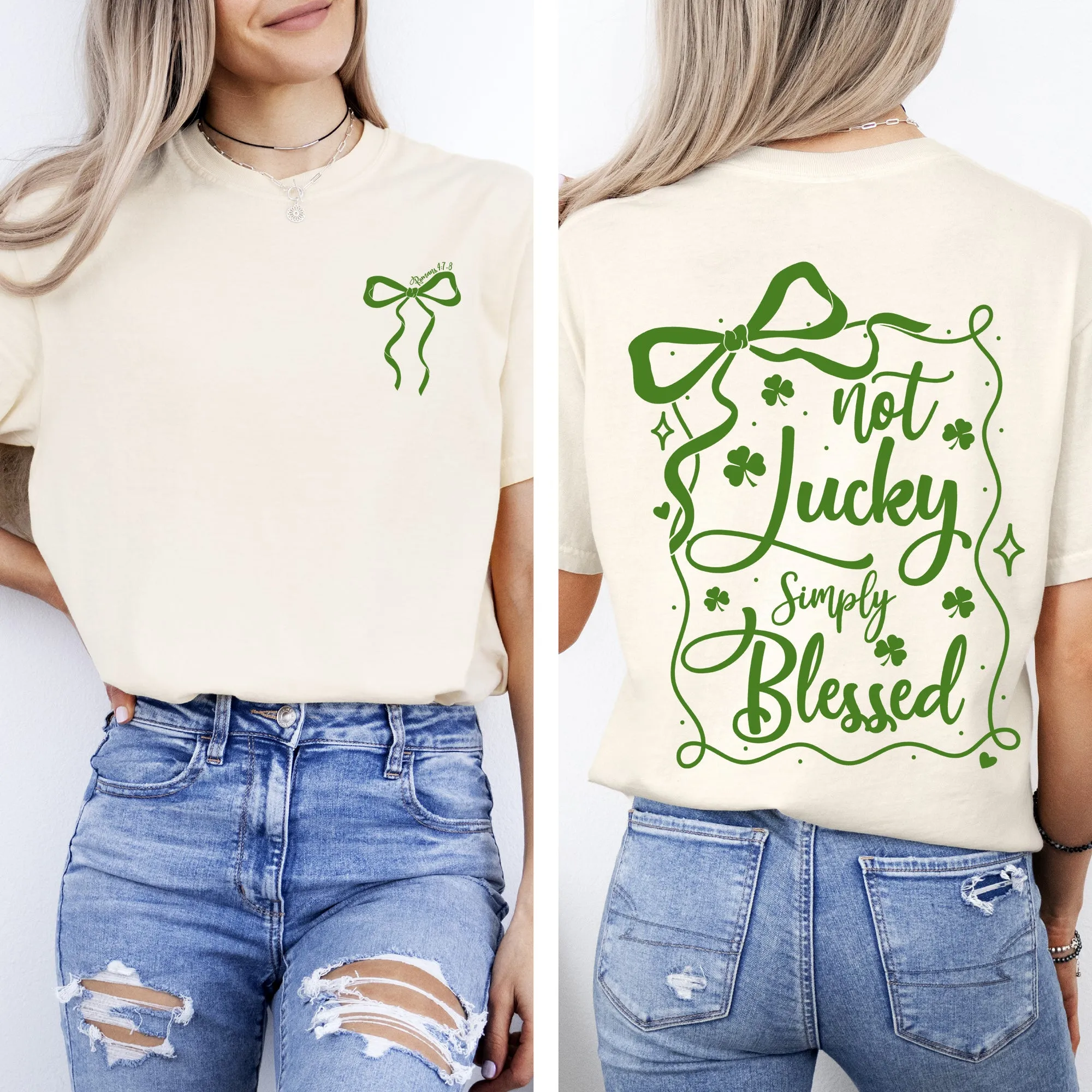 Not Lucky, Just Blessed, Ribbon, Bows, Coquette, Christian, St Patrick's Day, Shamrock, Clover, Lucky, Leprechaun Tshirt Comfort Colors T-Shirt sold by Refinery Number One product image thumbnail 2