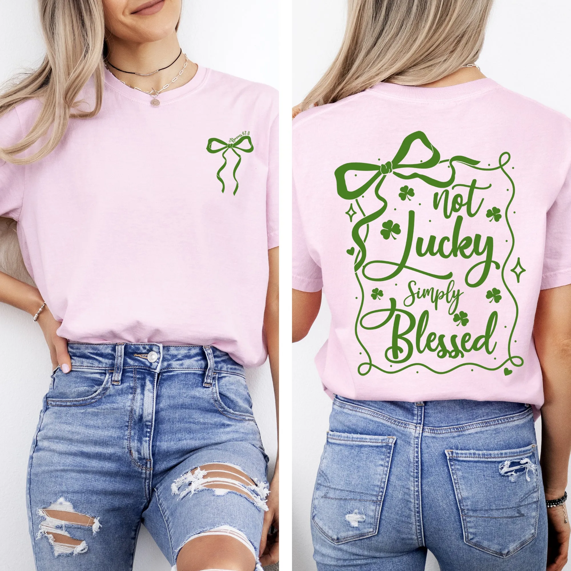 Not Lucky, Just Blessed, Ribbon, Bows, Coquette, Christian, St Patrick's Day, Shamrock, Clover, Lucky, Leprechaun Tshirt Comfort Colors T-Shirt sold by Refinery Number One product image thumbnail 5