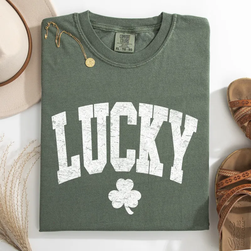 Vintage Lucky, Collegiate, Varsity, St Patrick's Day, Shamrock, Clover, Lucky, Leprechaun Tshirt Comfort Colors T-Shirt sold by Refinery Number One