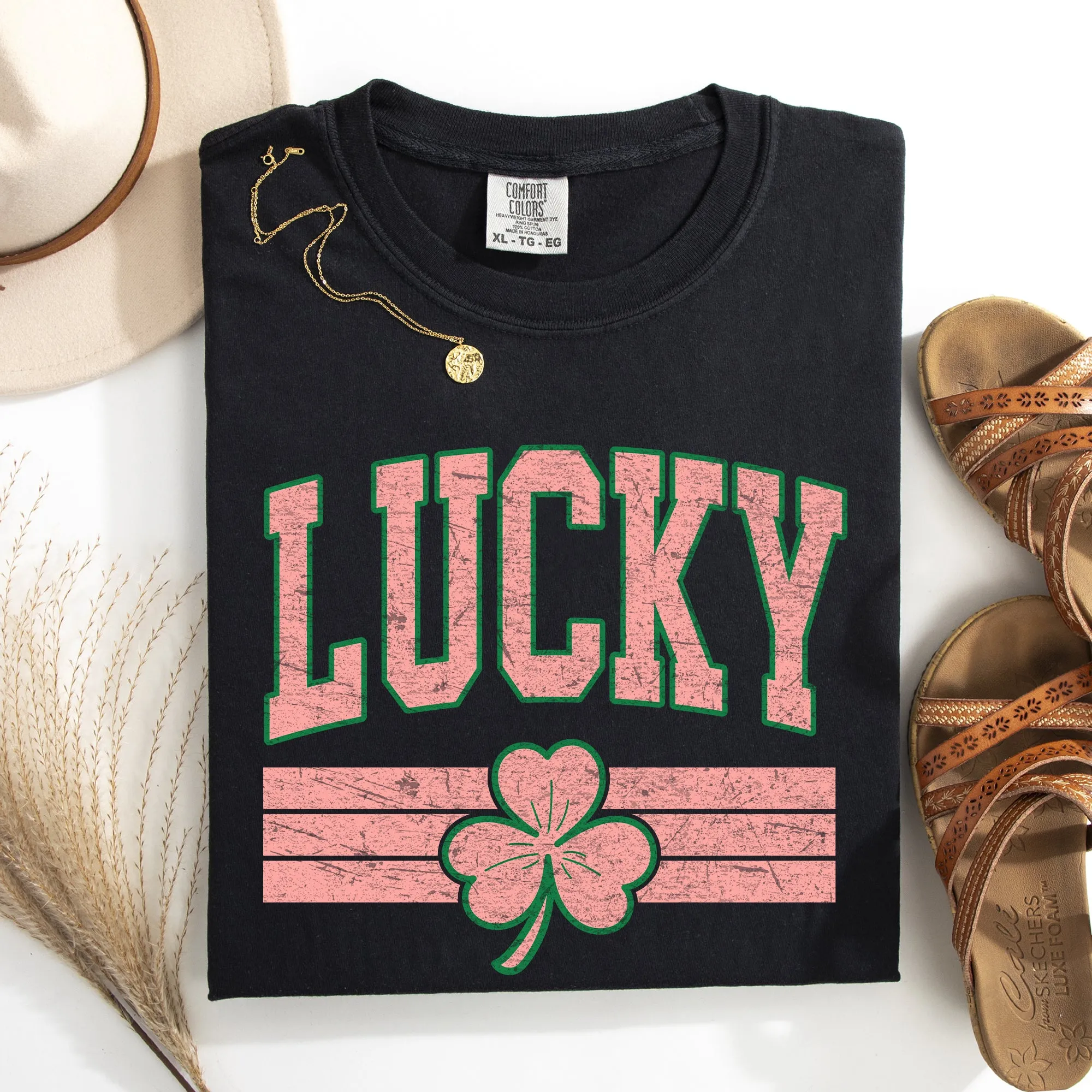 Vintage Lucky, Collegiate, Varsity, Stripes, St Patrick's Day, Shamrock, Clover, Lucky, Leprechaun Tshirt Comfort Colors T-Shirt sold by Refinery Number One product image thumbnail 3