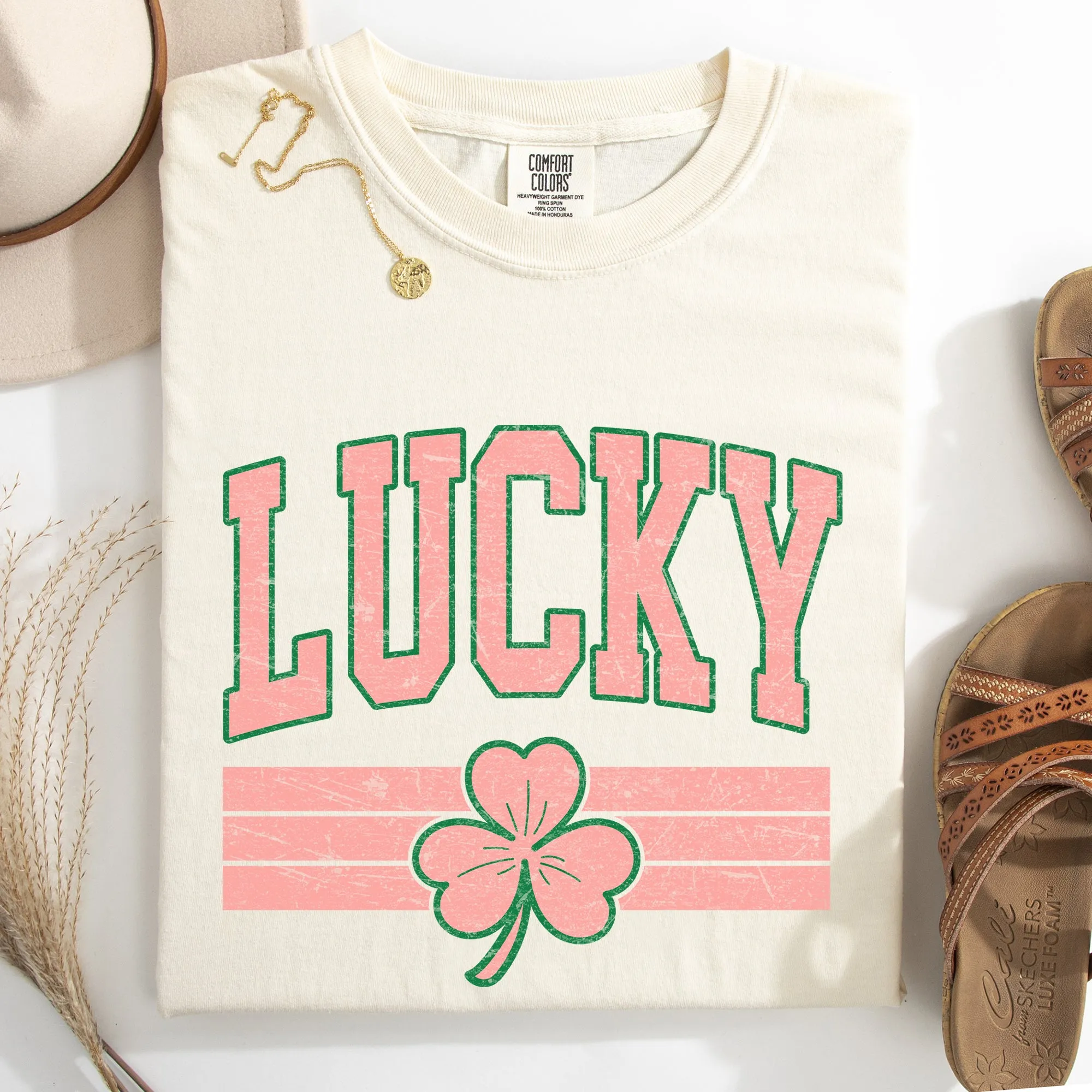 Vintage Lucky, Collegiate, Varsity, Stripes, St Patrick's Day, Shamrock, Clover, Lucky, Leprechaun Tshirt Comfort Colors T-Shirt sold by Refinery Number One product image thumbnail 2