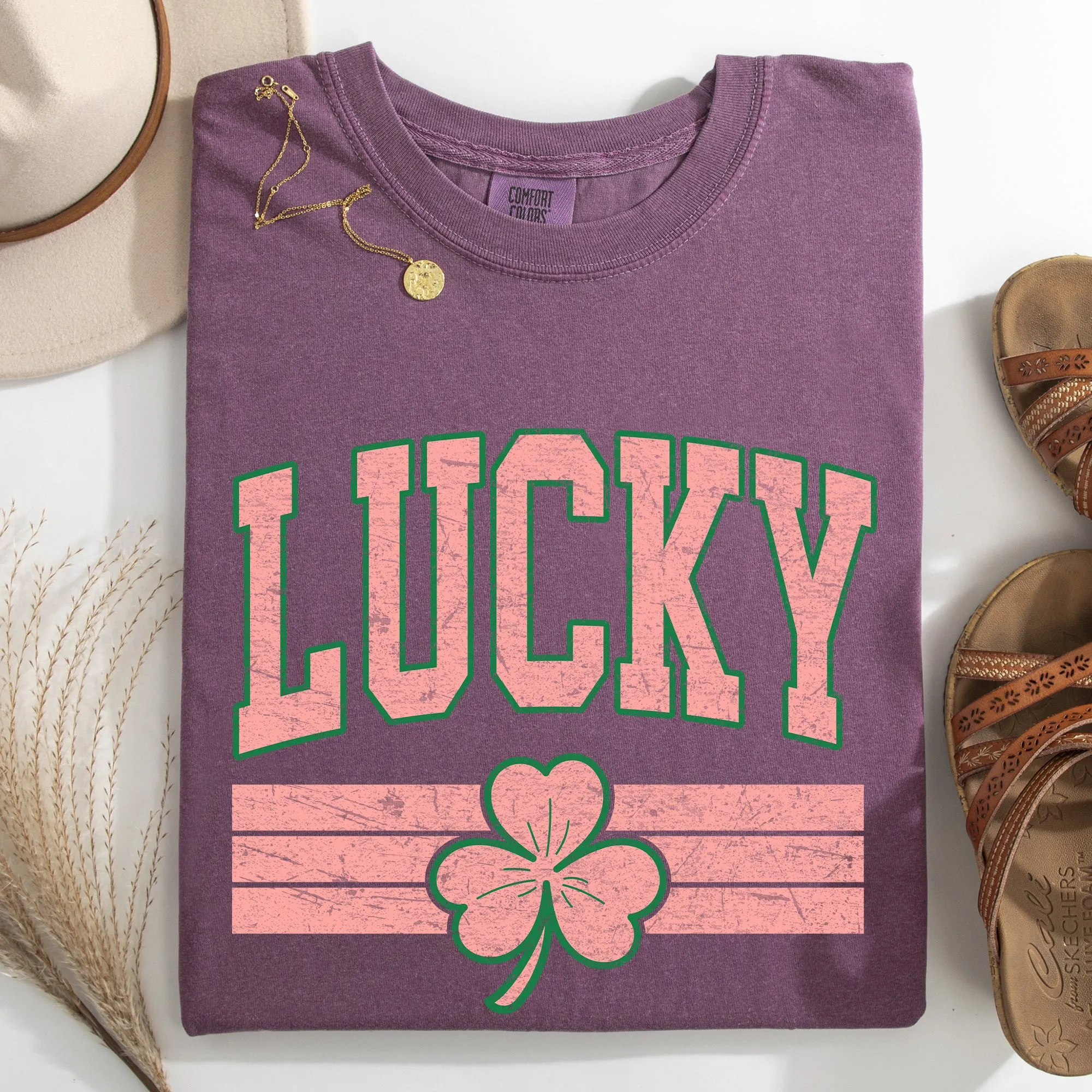 Vintage Lucky, Collegiate, Varsity, Stripes, St Patrick's Day, Shamrock, Clover, Lucky, Leprechaun Tshirt Comfort Colors T-Shirt sold by Refinery Number One product image thumbnail 5