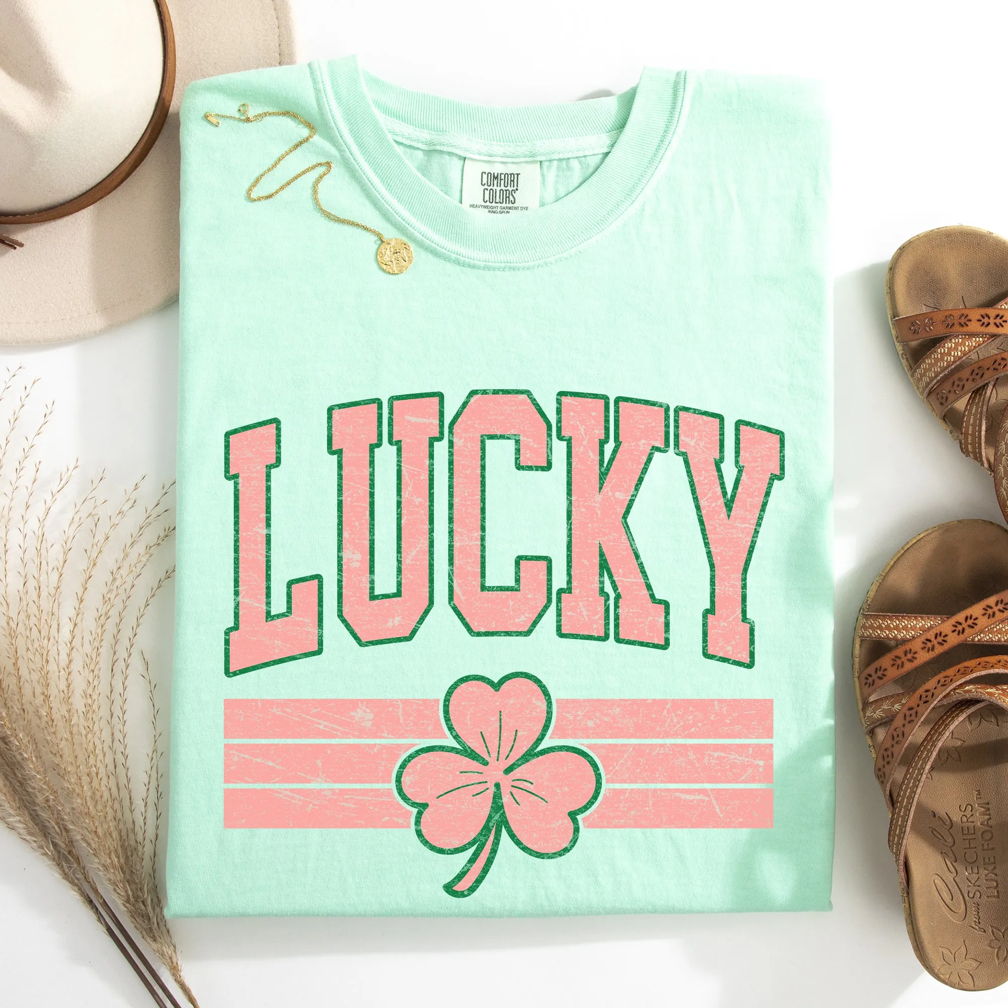 Vintage Lucky, Collegiate, Varsity, Stripes, St Patrick's Day, Shamrock, Clover, Lucky, Leprechaun Tshirt Comfort Colors T-Shirt sold by Refinery Number One product image thumbnail 4