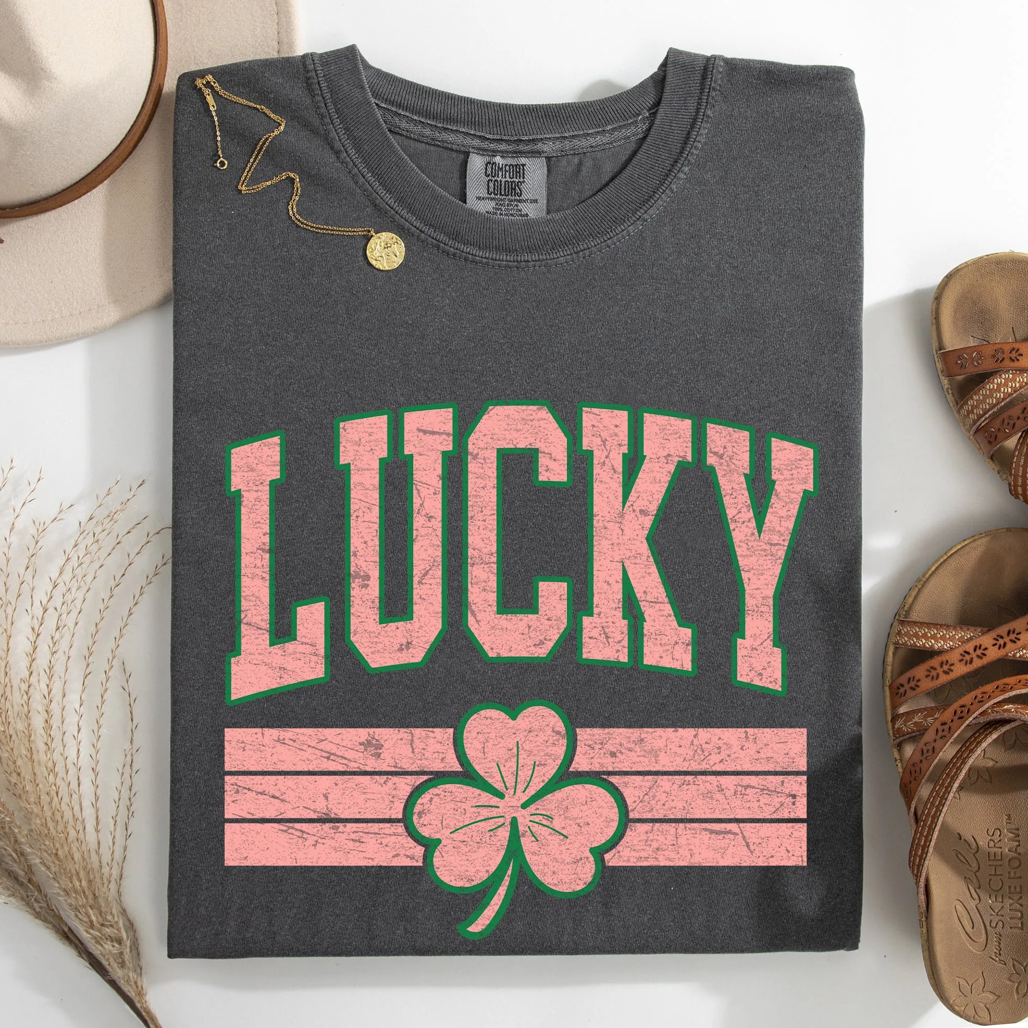Vintage Lucky, Collegiate, Varsity, Stripes, St Patrick's Day, Shamrock, Clover, Lucky, Leprechaun Tshirt Comfort Colors T-Shirt sold by Refinery Number One