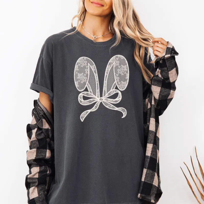 Faux Lace Bunny Ears, Coquette, Easter, Bunny, Jesus, Rabbit, Holiday Tshirt Comfort Colors T-Shirt sold by Refinery Number One