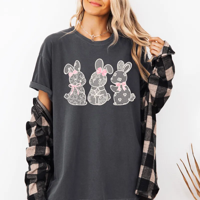 Faux Lace Bunny, Coquette, Ribbons, In A Row, Easter, Bunny, Jesus, Rabbit, Holiday Tshirt Comfort Colors T-Shirt sold by Refinery Number One
