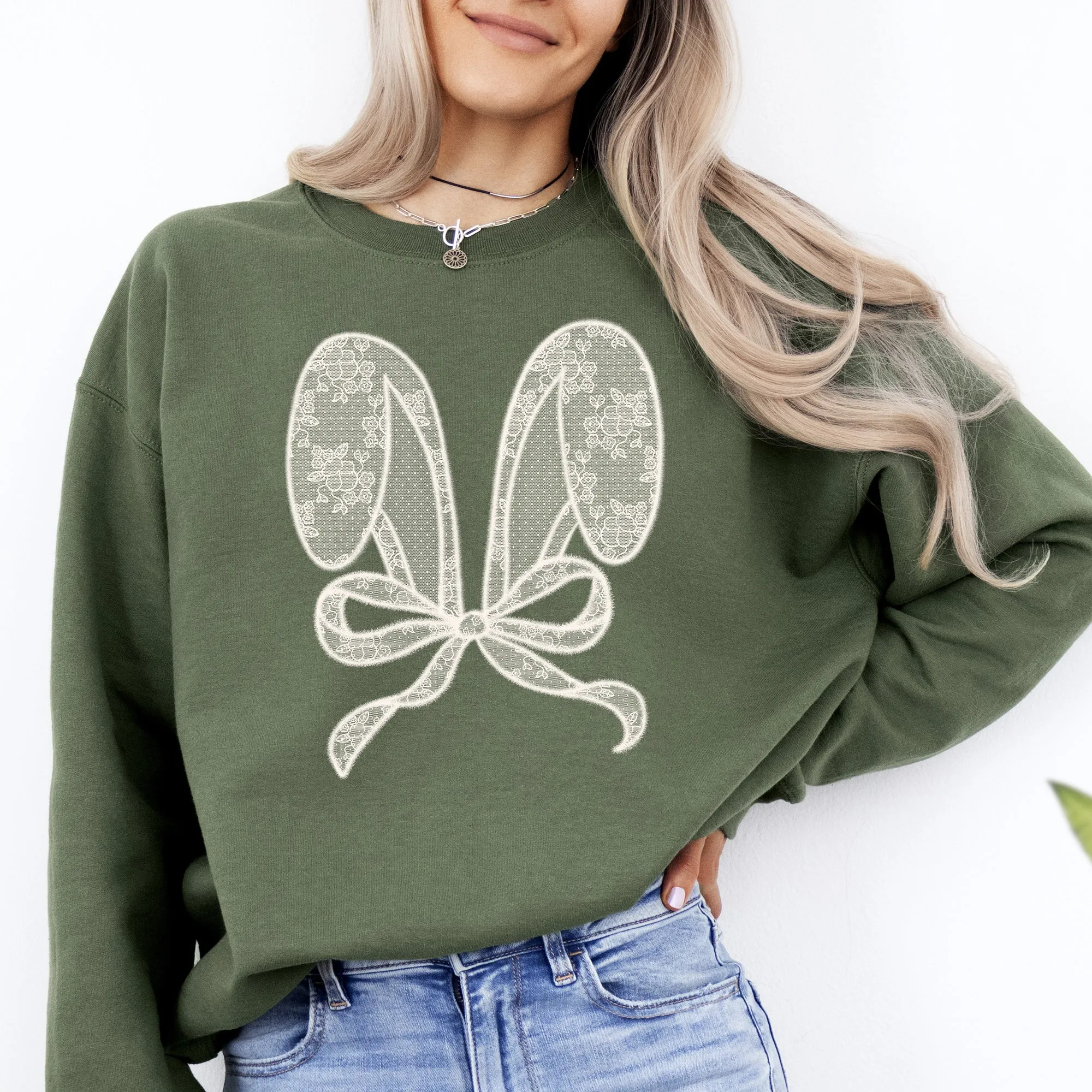 Faux Lace Bunny Ears, Coquette, Easter, Bunny, Jesus, Rabbit, Holiday Sweatshirt sold by Refinery Number One