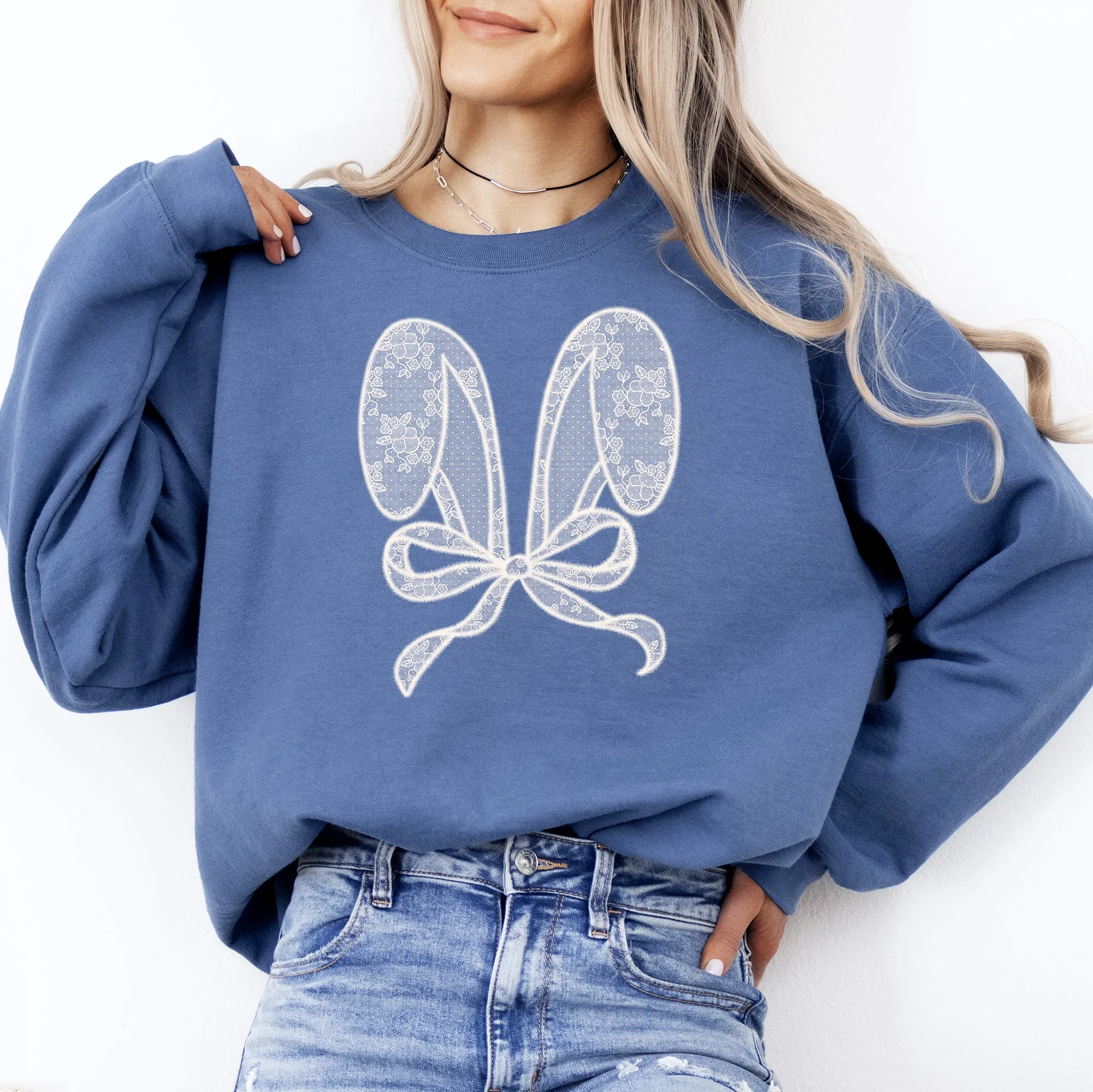 Faux Lace Bunny Ears, Coquette, Easter, Bunny, Jesus, Rabbit, Holiday Sweatshirt sold by Refinery Number One product image thumbnail 2