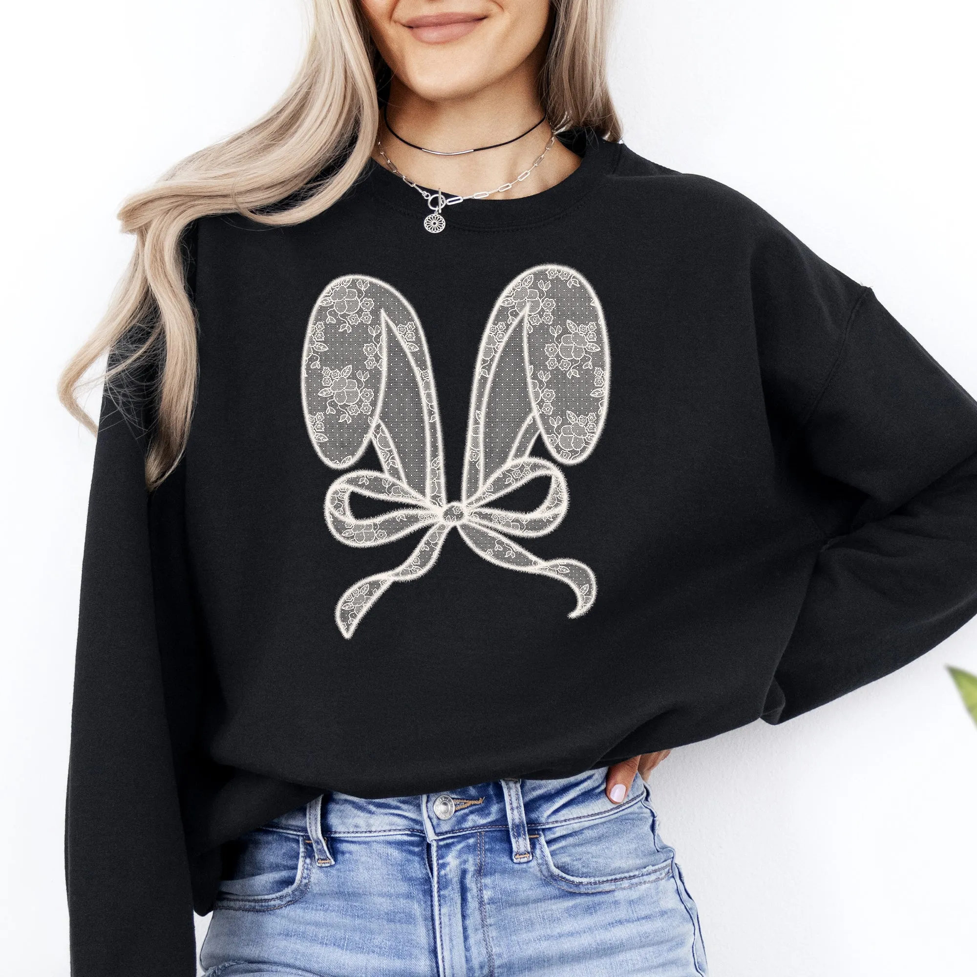 Faux Lace Bunny Ears, Coquette, Easter, Bunny, Jesus, Rabbit, Holiday Sweatshirt sold by Refinery Number One product image thumbnail 4