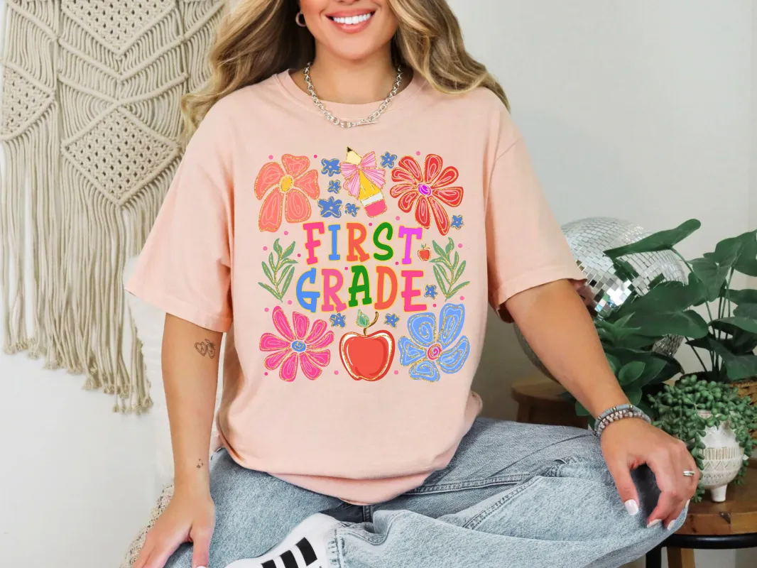 First Grade, Boho, Teacher, Back to School, Floral, First Day of School, Cute, Teacher Appreciation, Coquette, Comfort Colors T-Shirt sold by Refinery Number One