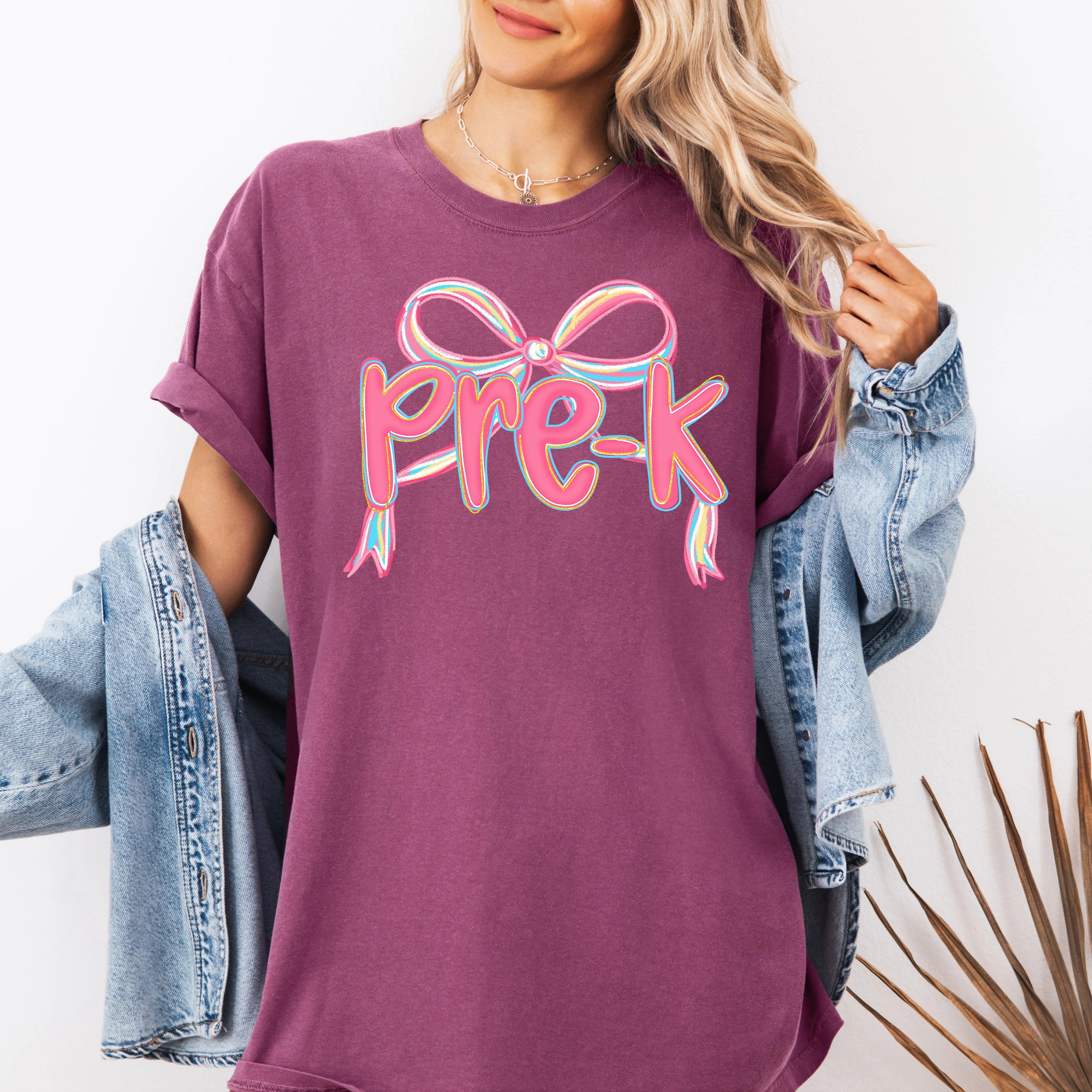 Pre-K, Neon Pink, Teacher, Back to School, Bow, First Day of School, Cute, Teacher Appreciation, Coquette, Comfort Colors T-Shirt sold by Refinery Number One