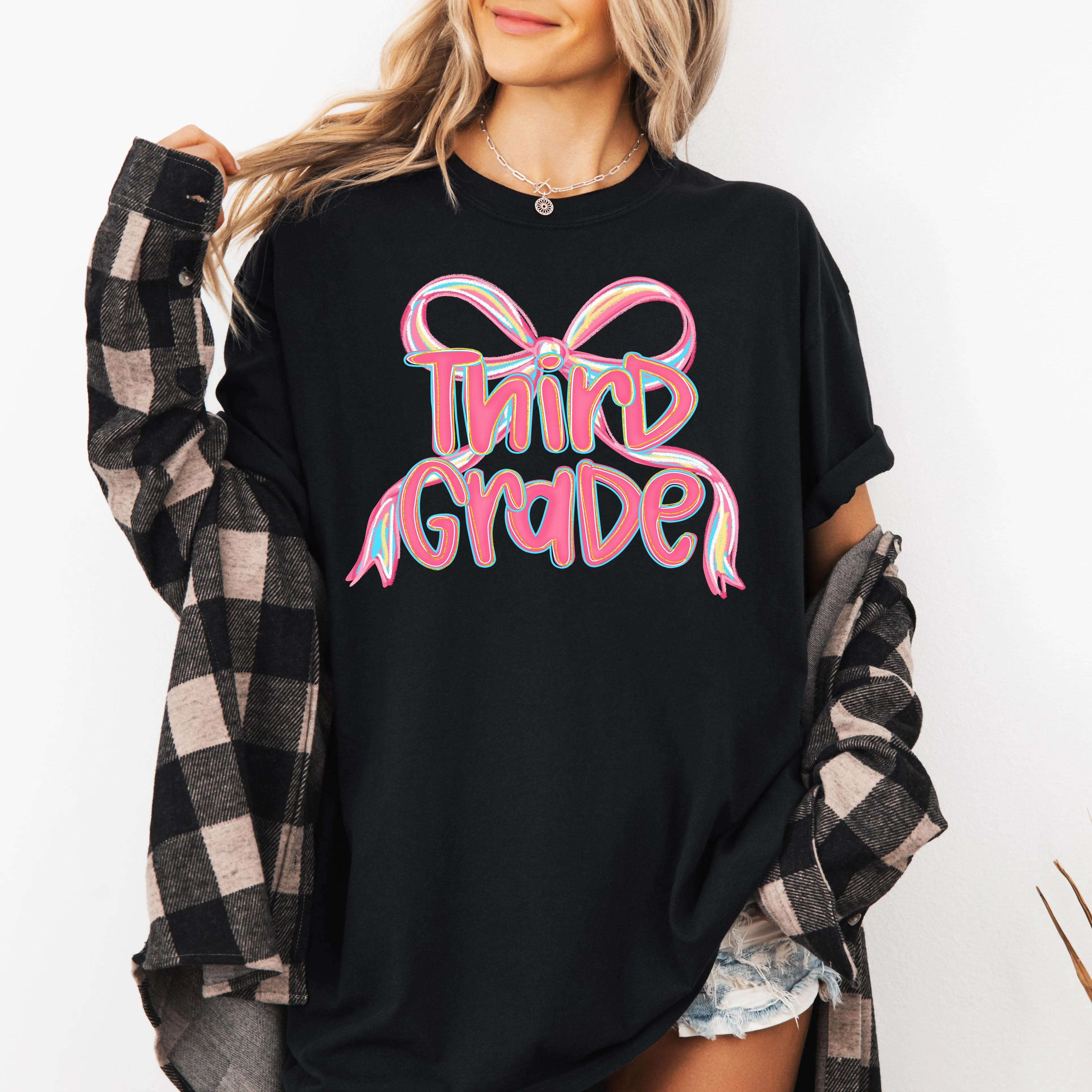 Third Grade, Neon Pink, Teacher, Back to School, Bow, First Day of School, Cute, Teacher Appreciation, Coquette, Comfort Colors T-Shirt sold by Refinery Number One