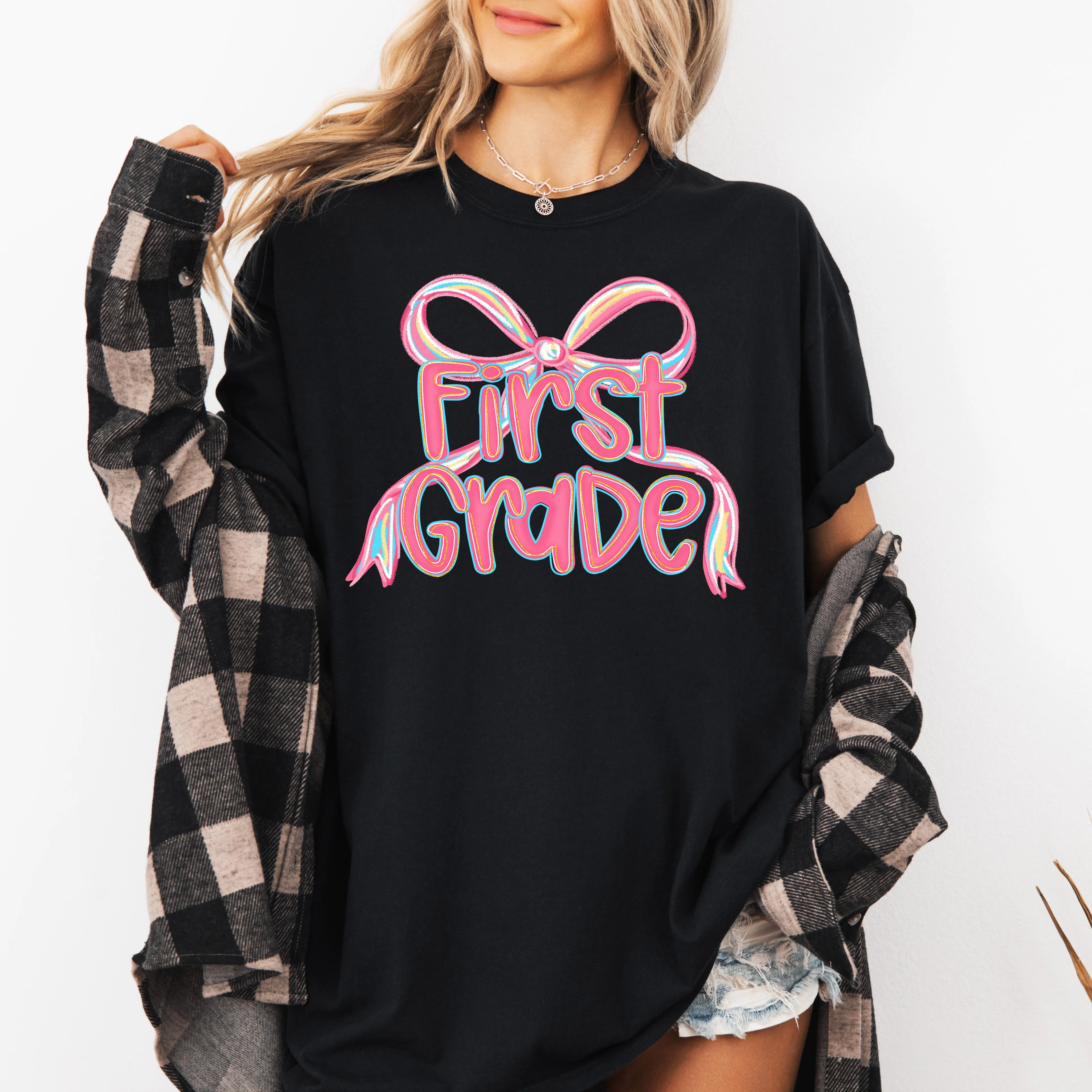 First Grade, Neon Pink, Teacher, Back to School, Bow, First Day of School, Cute, Teacher Appreciation, Coquette, Comfort Colors T-Shirt sold by Refinery Number One product image thumbnail 2