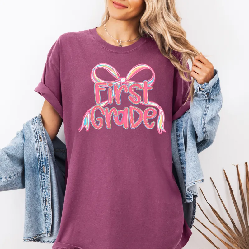 First Grade, Neon Pink, Teacher, Back to School, Bow, First Day of School, Cute, Teacher Appreciation, Coquette, Comfort Colors T-Shirt sold by Refinery Number One