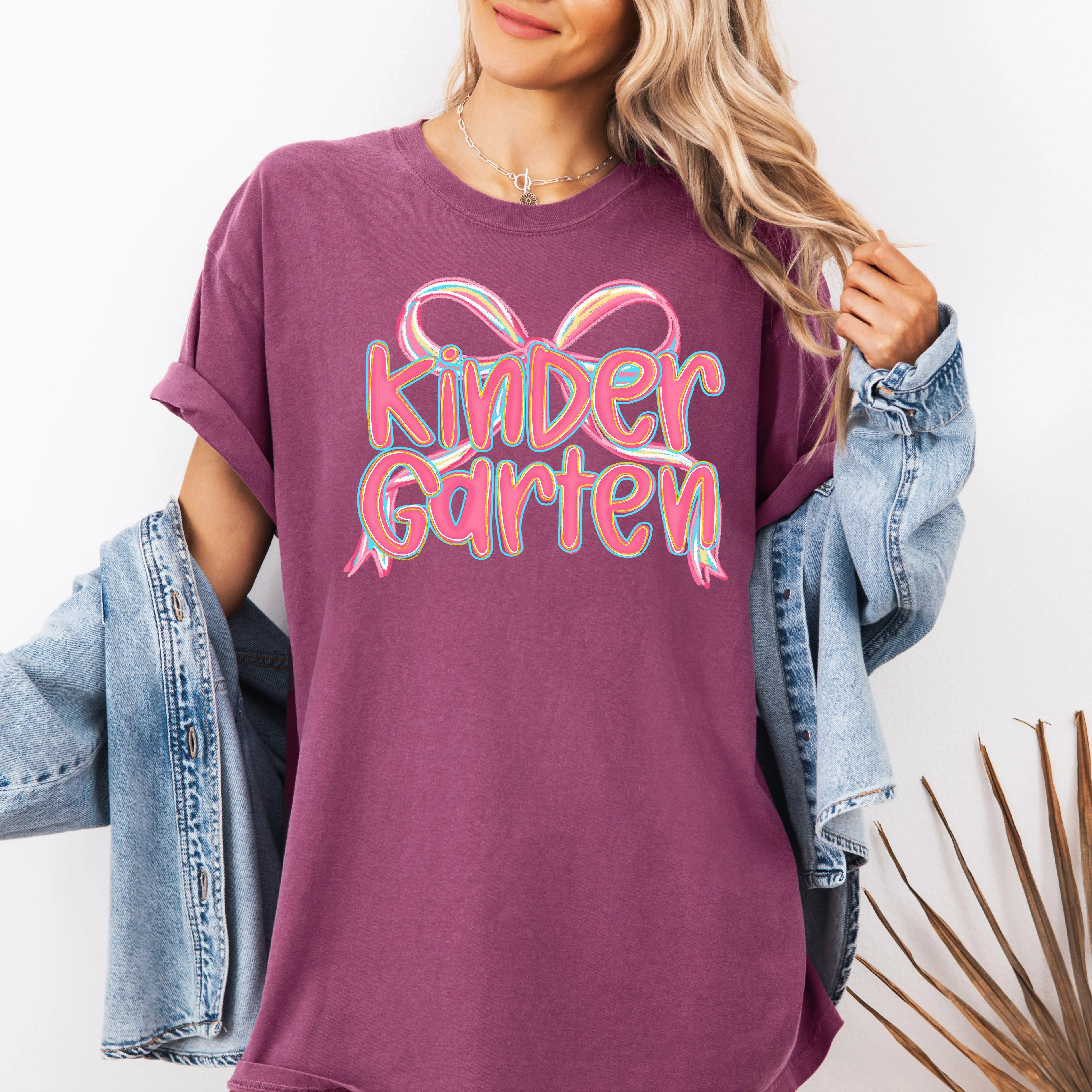 Kindergarten, Neon Pink, Teacher, Back to School, Bow, First Day of School, Cute, Teacher Appreciation, Coquette, Comfort Colors T-Shirt sold by Refinery Number One product image thumbnail 2