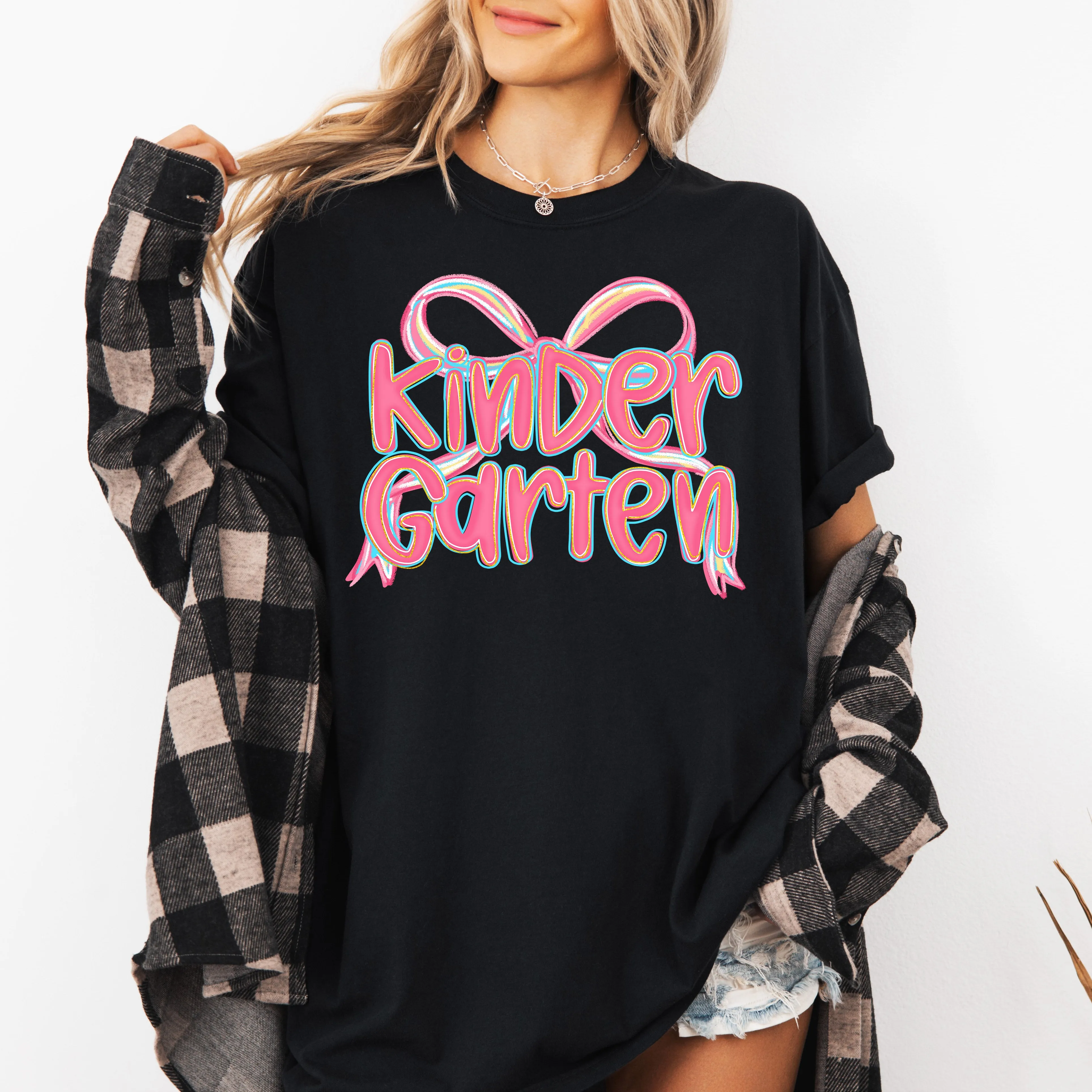 Kindergarten, Neon Pink, Teacher, Back to School, Bow, First Day of School, Cute, Teacher Appreciation, Coquette, Comfort Colors T-Shirt sold by Refinery Number One product image thumbnail 3