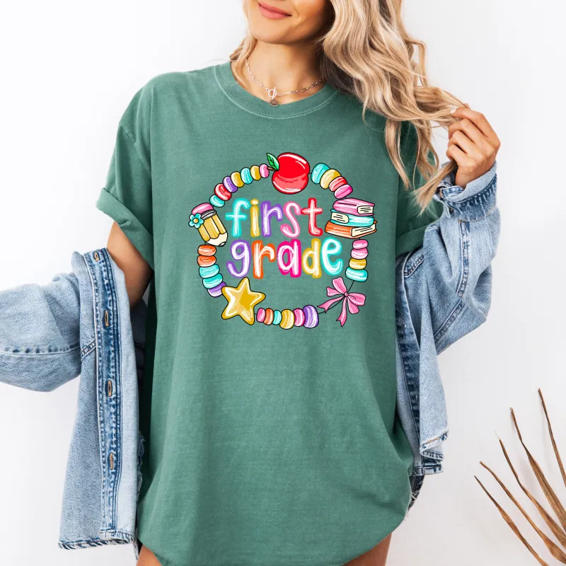 First Grade, Teacher, Back to School, Bracelets, Bow, First Day of School, Cute, Teacher Appreciation, Coquette, Comfort Colors T-Shirt sold by Refinery Number One