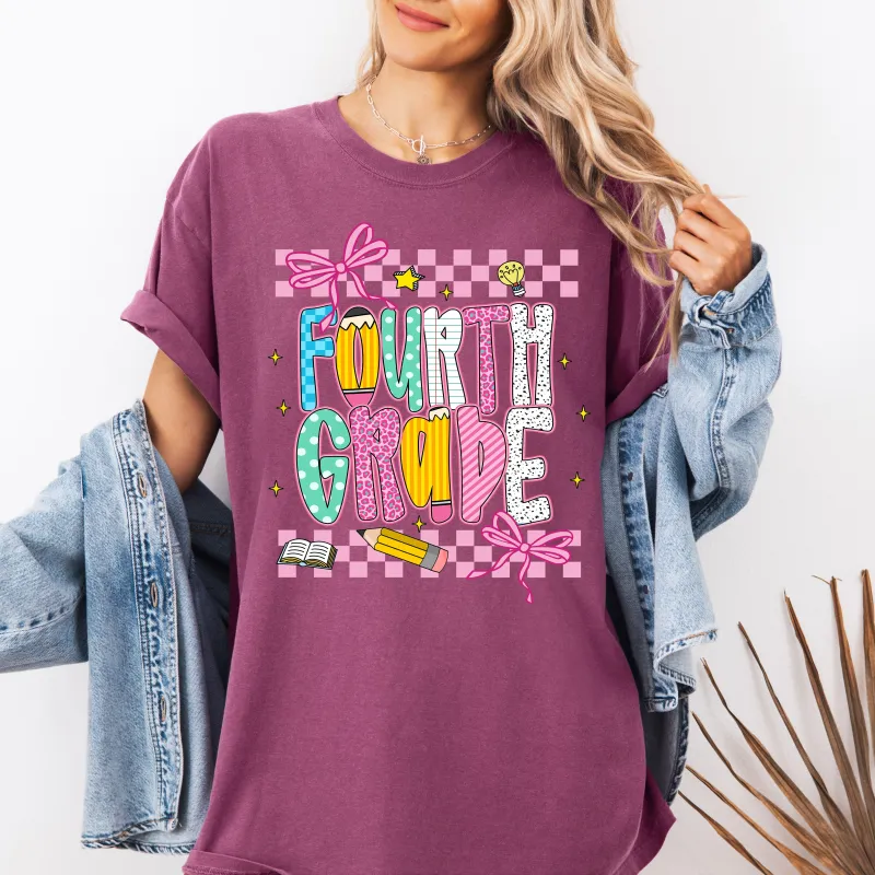Fourth Grade, Teacher, Back to School, Checkered, Bow, First Day of School, Cute, Teacher Appreciation, Coquette, Comfort Colors T-Shirt sold by Refinery Number One