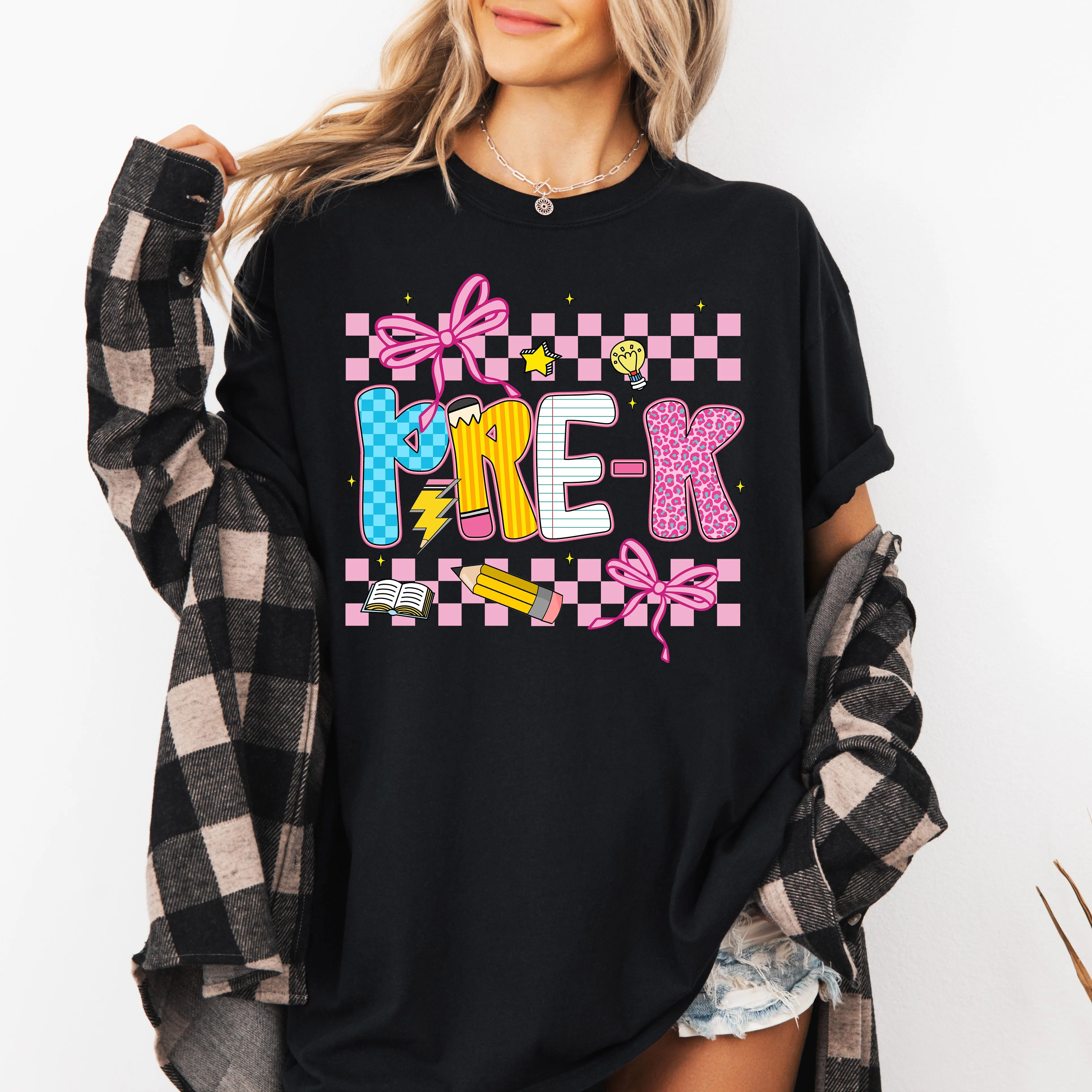 Pre-K, Teacher, Back to School, Checkered, Bow, First Day of School, Cute, Teacher Appreciation, Coquette, Comfort Colors T-Shirt sold by Refinery Number One