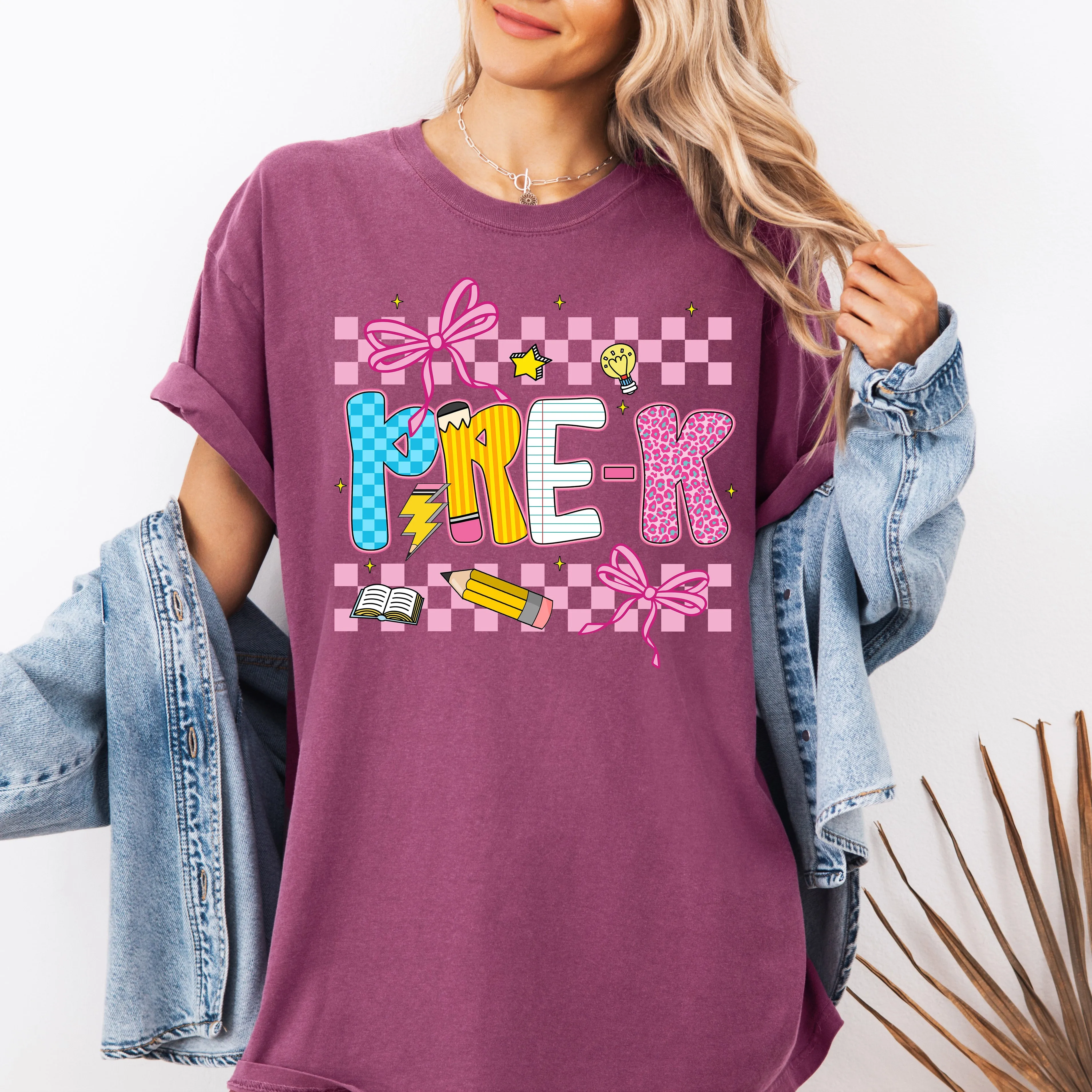 Pre-K, Teacher, Back to School, Checkered, Bow, First Day of School, Cute, Teacher Appreciation, Coquette, Comfort Colors T-Shirt sold by Refinery Number One product image thumbnail 2